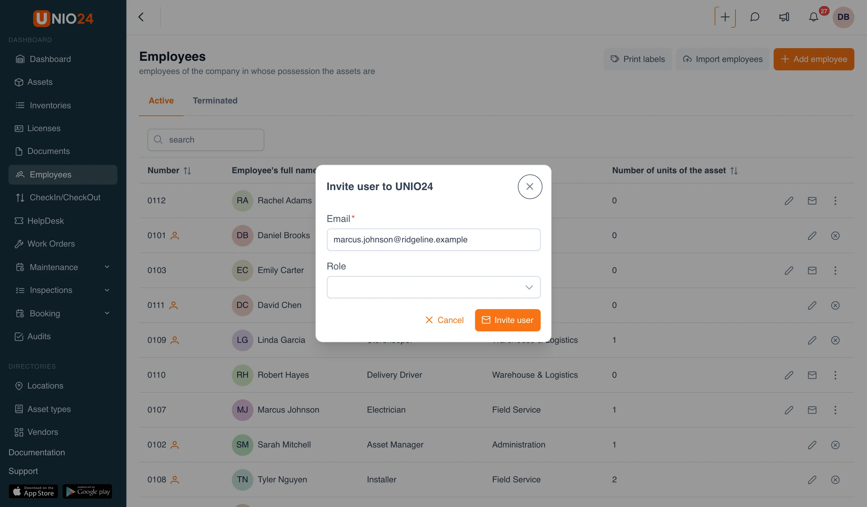 The Invite user to UNIO24 dialog over the employee list: the Email is Marcus Johnson’s address from his card, the Role field, and the Cancel and Invite user buttons