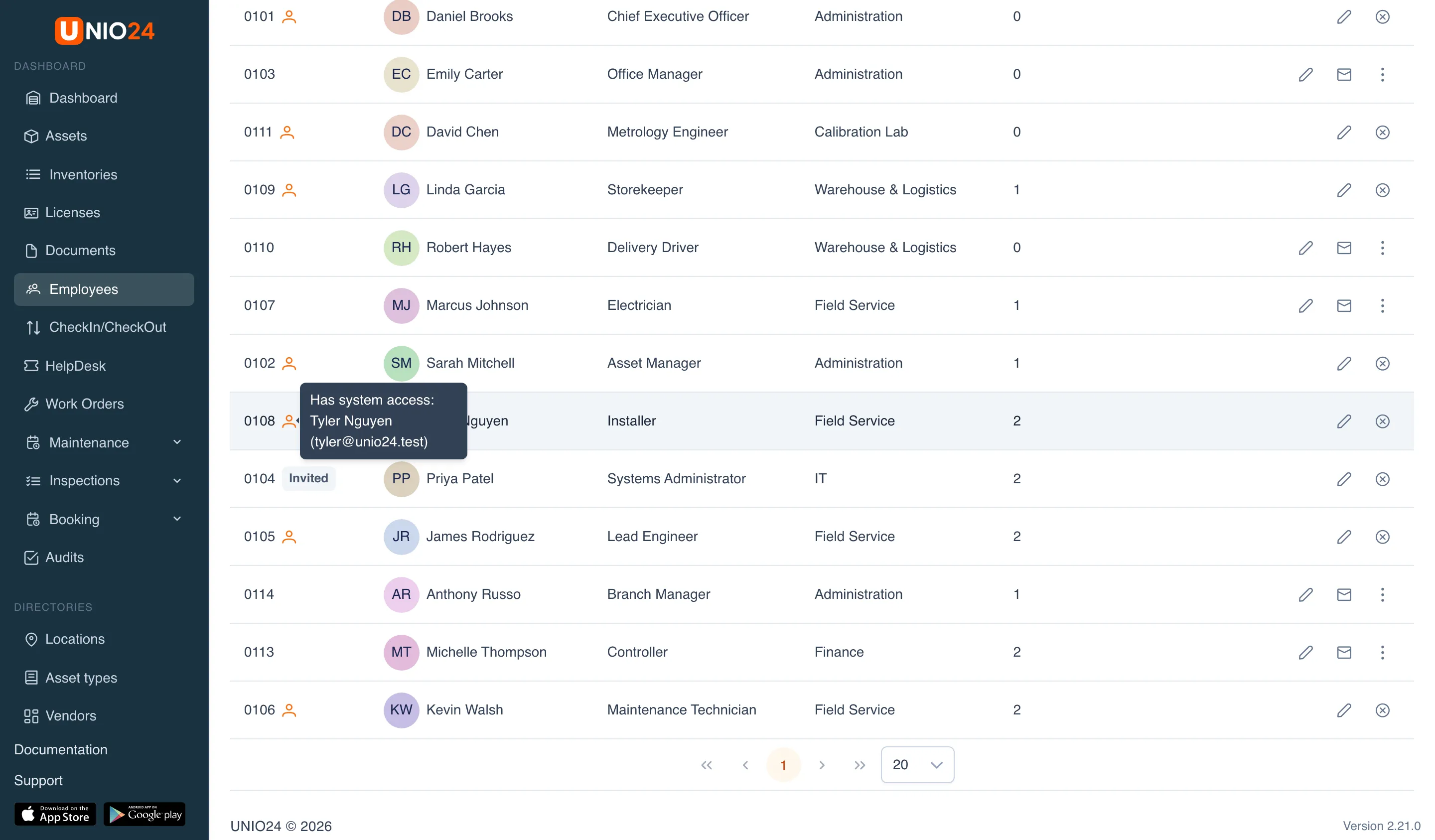The Employees list after linking: Priya Patel has an Invited tag next to her number, others have a user icon; hovering over Tyler Nguyen’s icon shows “Has system access: Tyler Nguyen (tyler@unio24.test)”