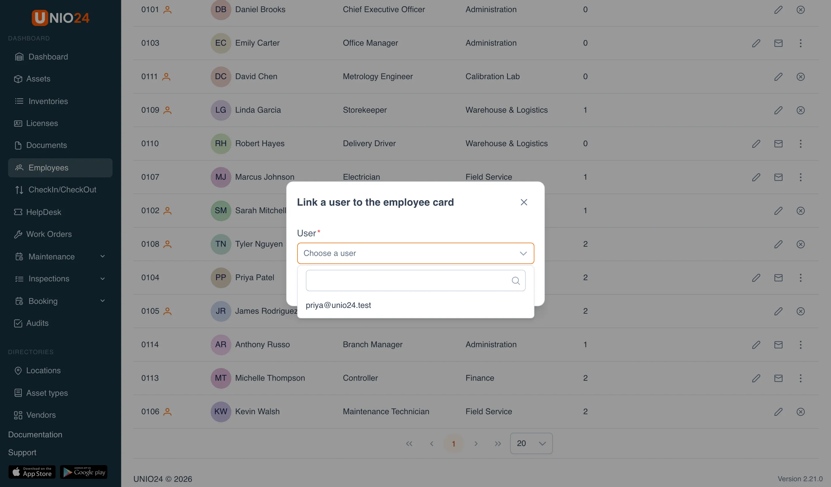 The Link a user to the employee card dialog: the User list open with a search box and the account priya@unio24.test