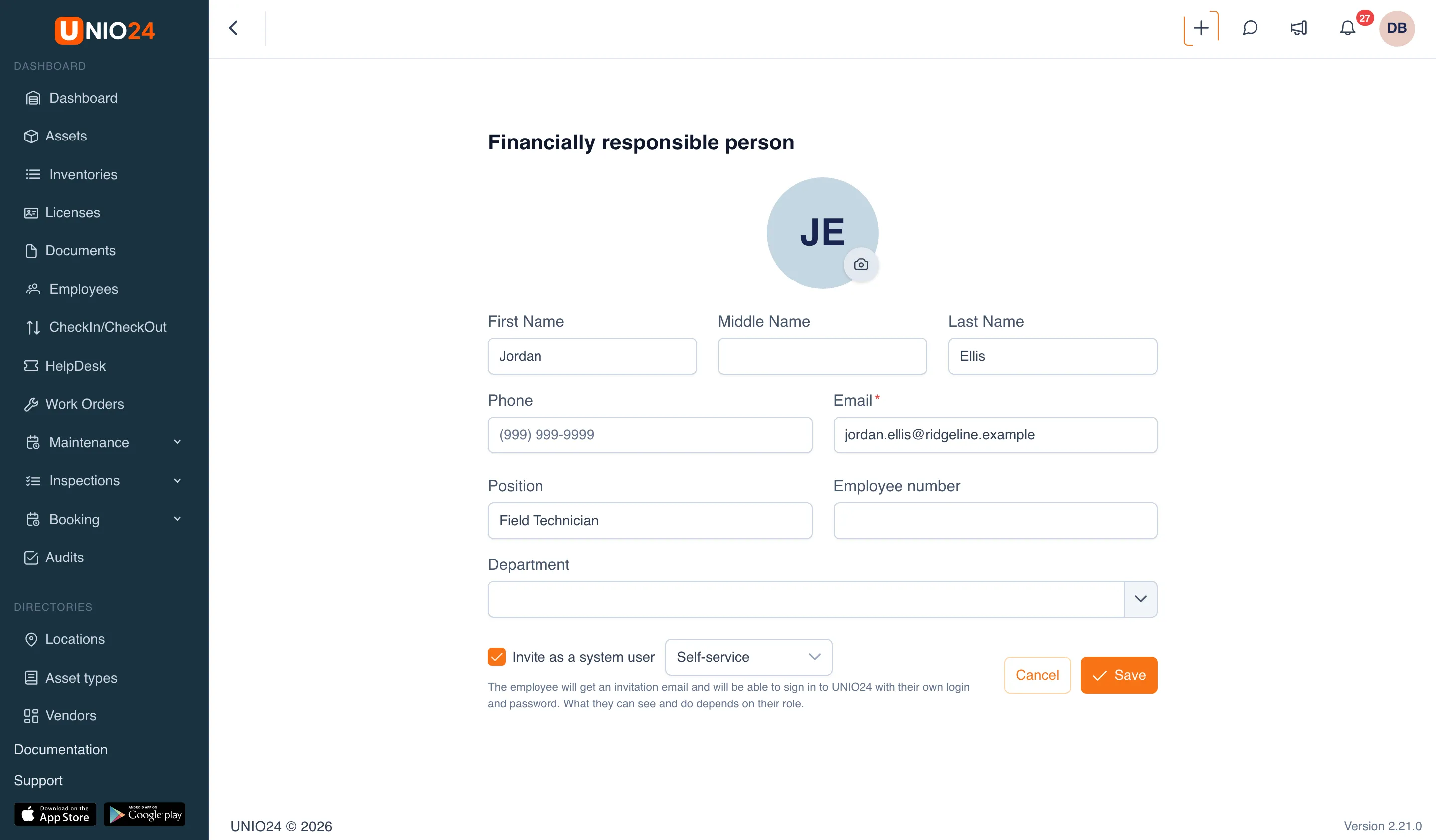 The Financially responsible person form: First Name “Jordan,” Last Name “Ellis,” the Email, and Position “Field Technician” filled in; Invite as a system user selected with the Self-service role next to it, and below the checkbox the hint “The employee will get an invitation email and will be able to sign in to UNIO24 with their own login and password. What they can see and do depends on their role.”
