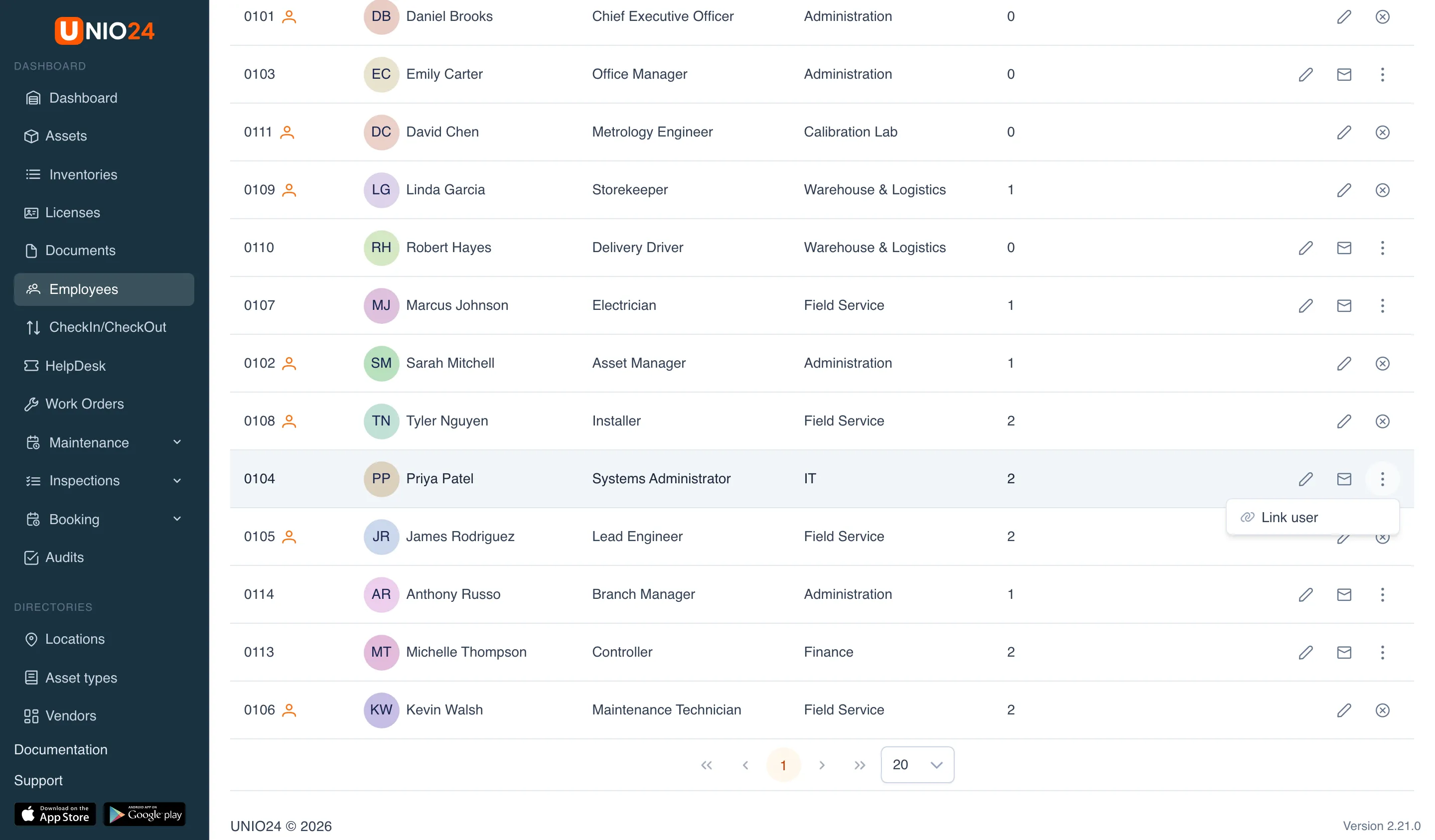 The Employees list: in Priya Patel’s row, the Edit and Invite user icons and the open three-dot menu with Link user; employees with a user account have a user icon next to their number