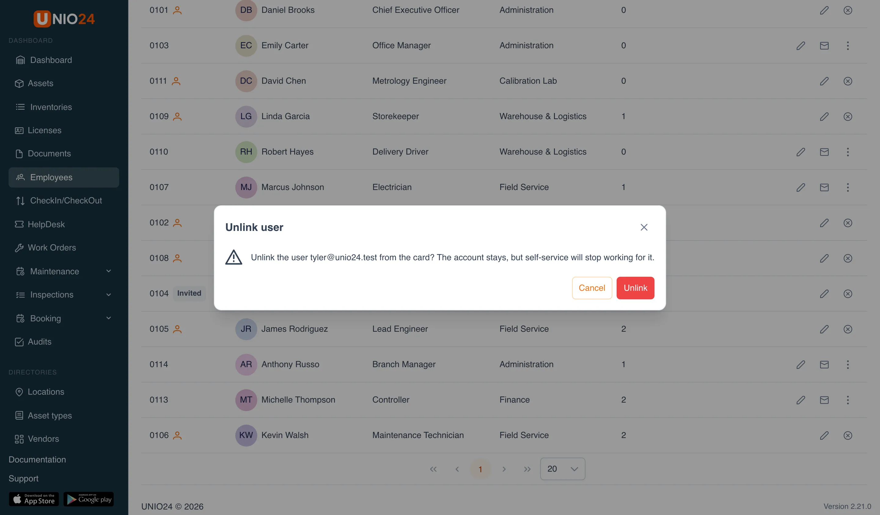 The Unlink user dialog: “Unlink the user tyler@unio24.test from the card? The account stays, but self-service will stop working for it.”, with the Cancel and Unlink buttons
