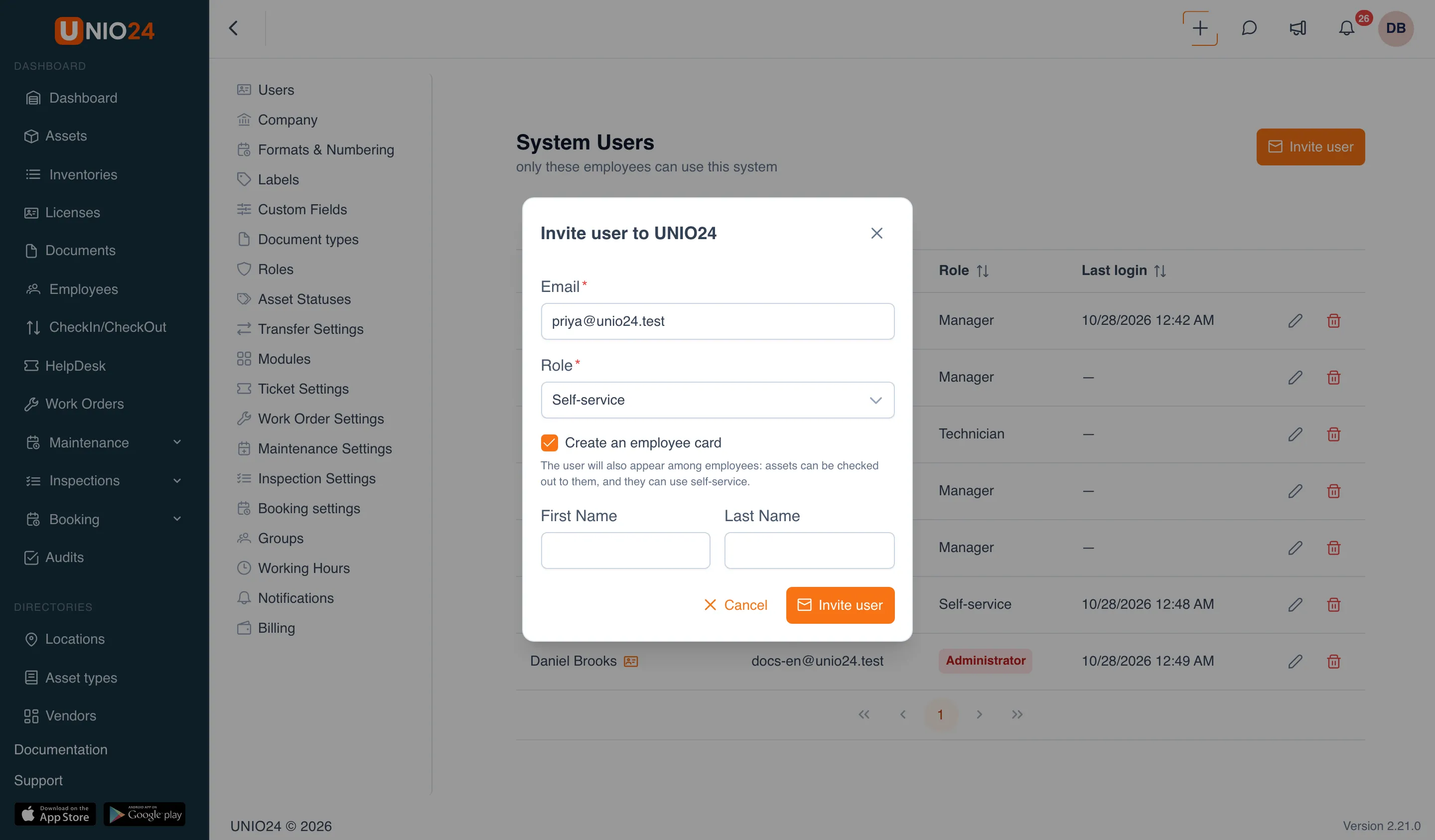 The Invite user to UNIO24 dialog on the System Users page: the Email and Role fields, the Create an employee card checkbox selected with the hint “The user will also appear among employees: assets can be checked out to them, and they can use self-service.”, and the First Name and Last Name fields