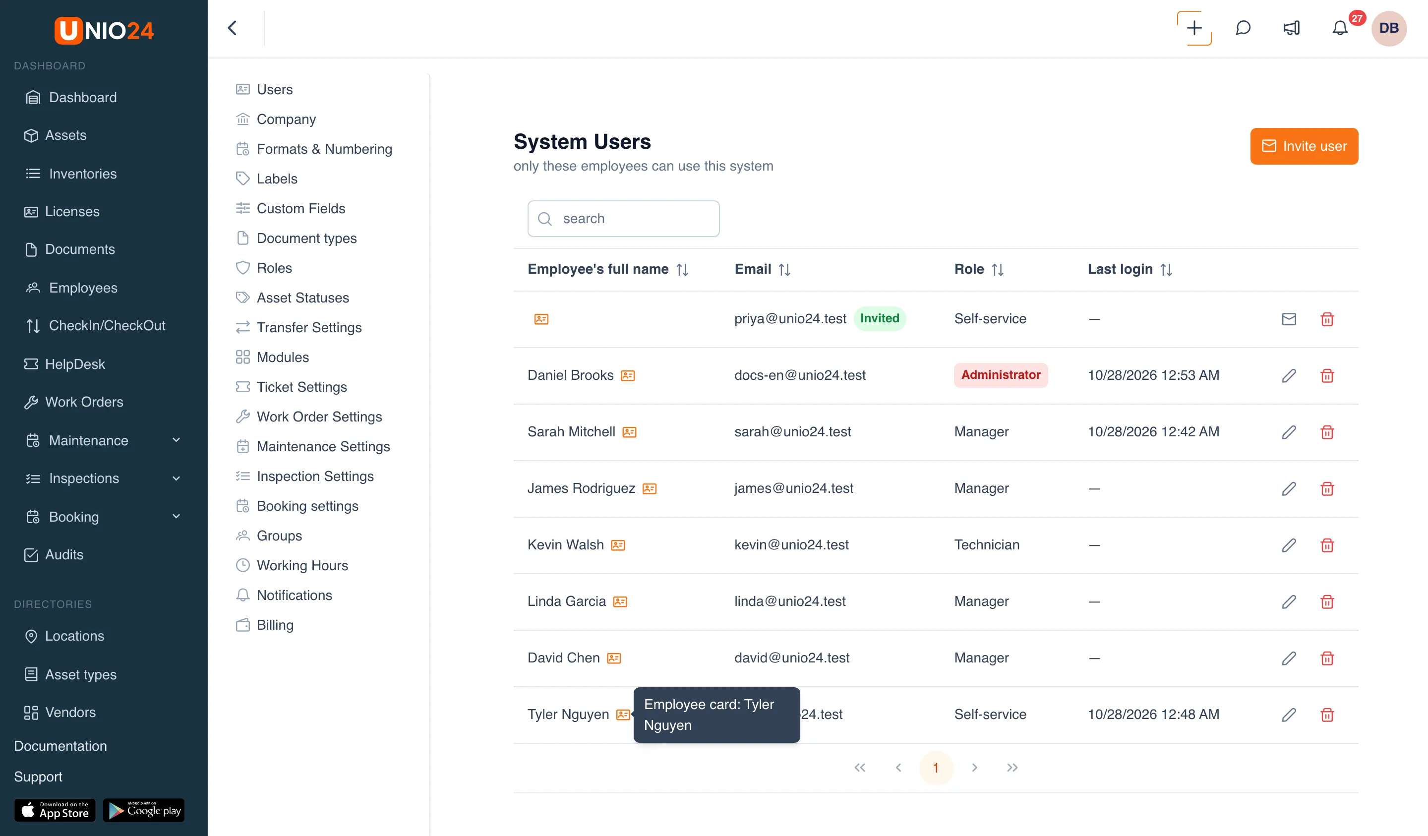 The System Users page: users have an employee card icon, and hovering over Tyler Nguyen’s shows “Employee card: Tyler Nguyen”; the invited priya@unio24.test has an Invited tag and the Self-service role