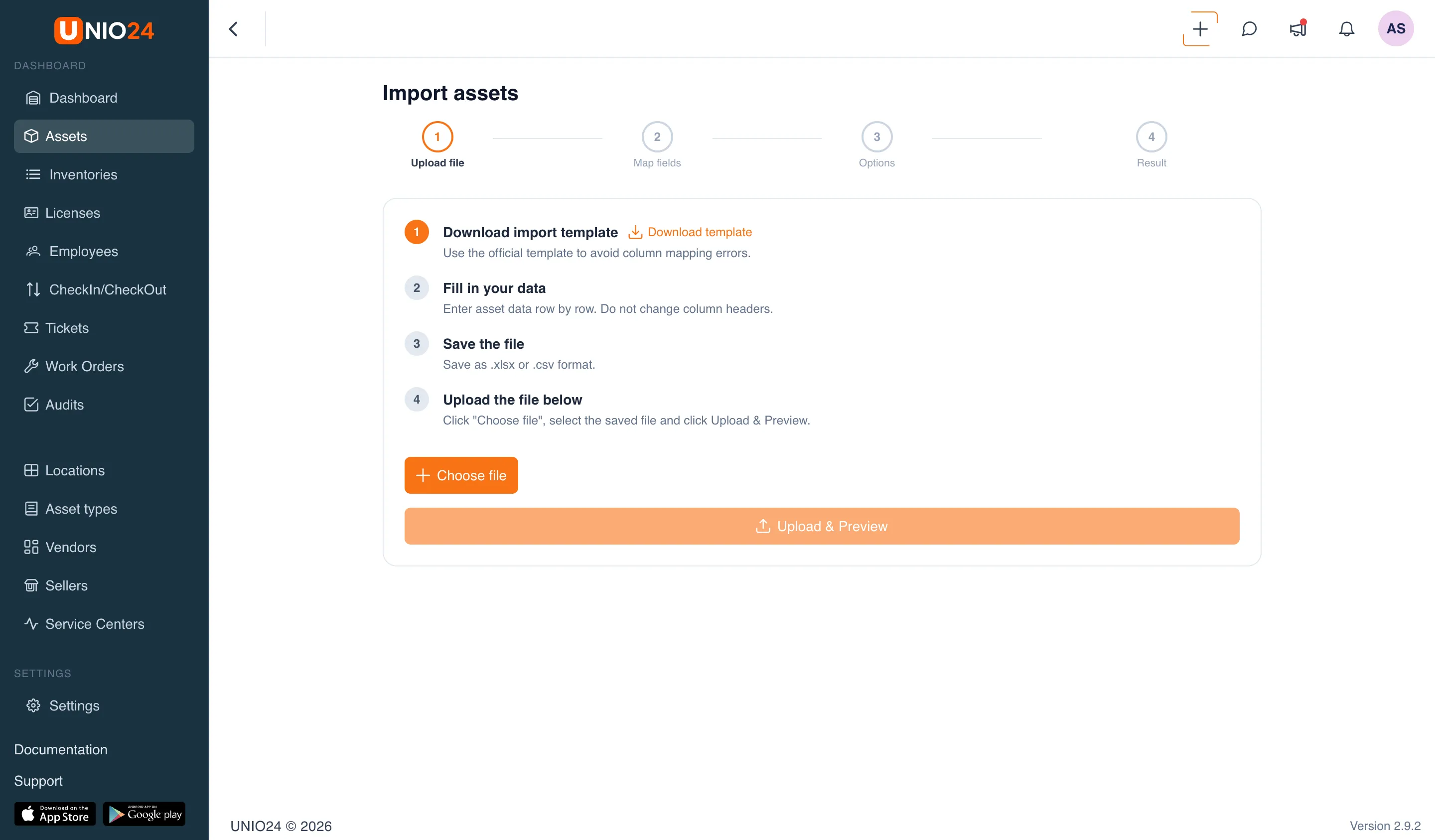 Asset import wizard, "Upload file" step: a four-step indicator, instructions with a "Download template" link, a "Choose file" button with the name of the selected file, and an "Upload & Preview" button