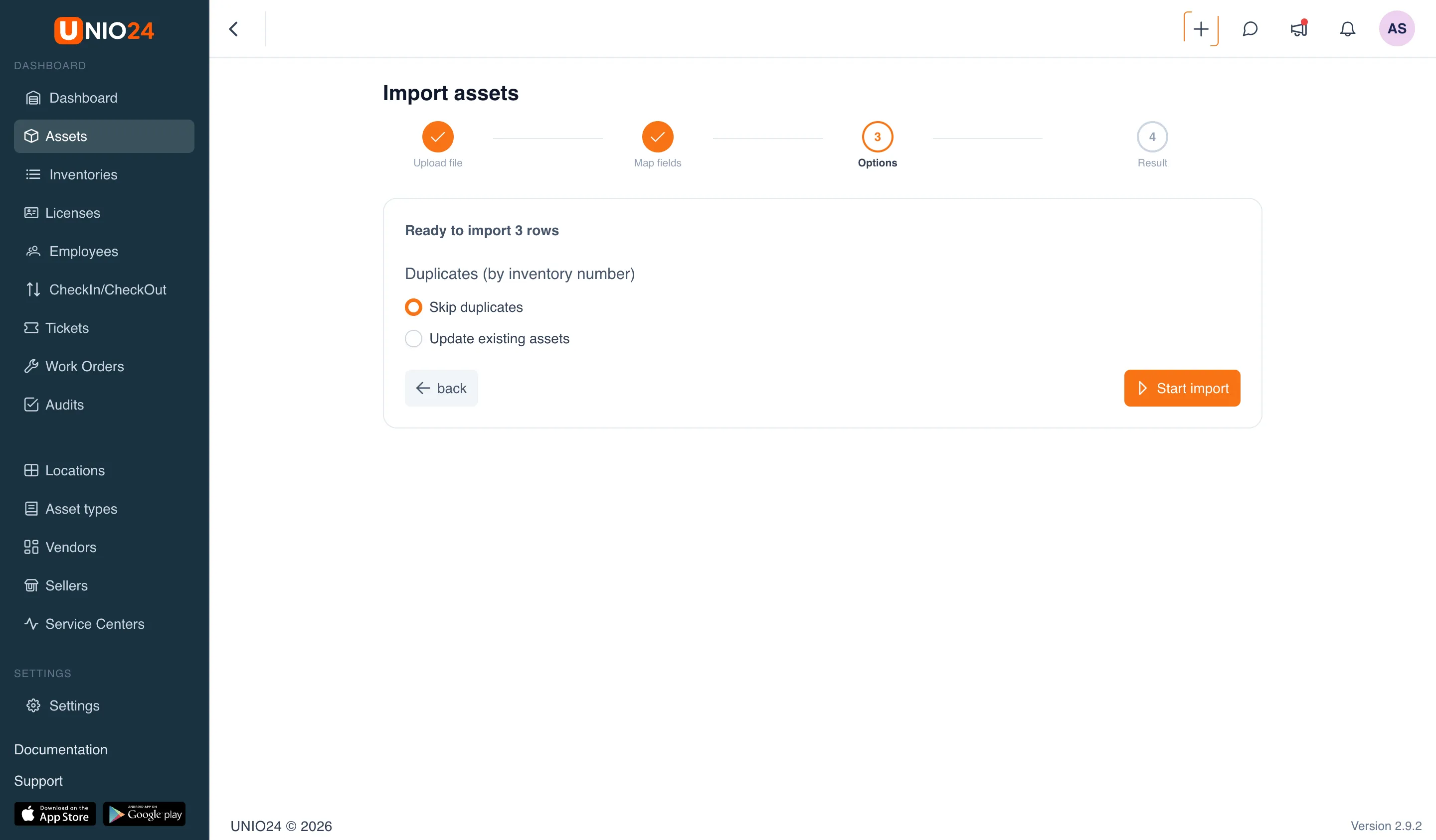 "Parameters" step: a "3 rows ready to import" line, a "Duplicates (by inventory number)" block with "Skip duplicates" and "Update existing assets" toggles, and "Back" and "Start import" buttons