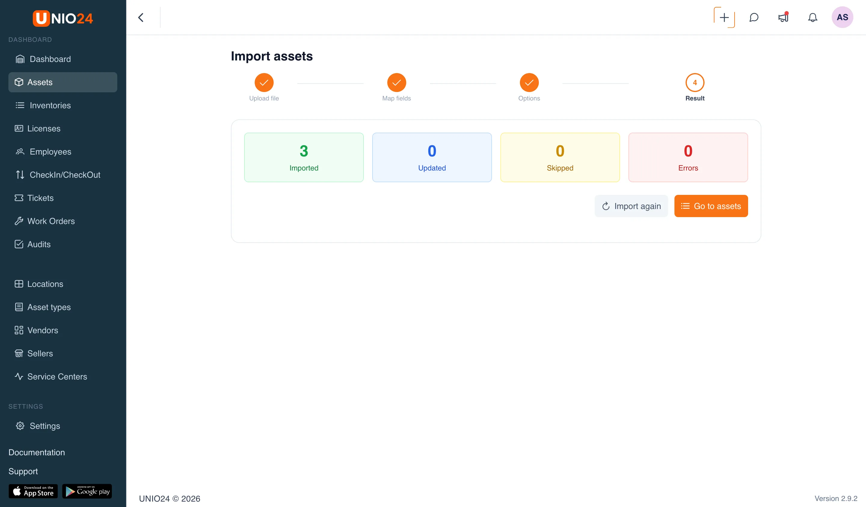 "Result" step: four colored counters "Imported", "Updated", "Skipped", and "Errors", "Import again" and "Go to assets" buttons, and an "Import protocol" table with the columns "Row", "Type", "Field", "Reason"