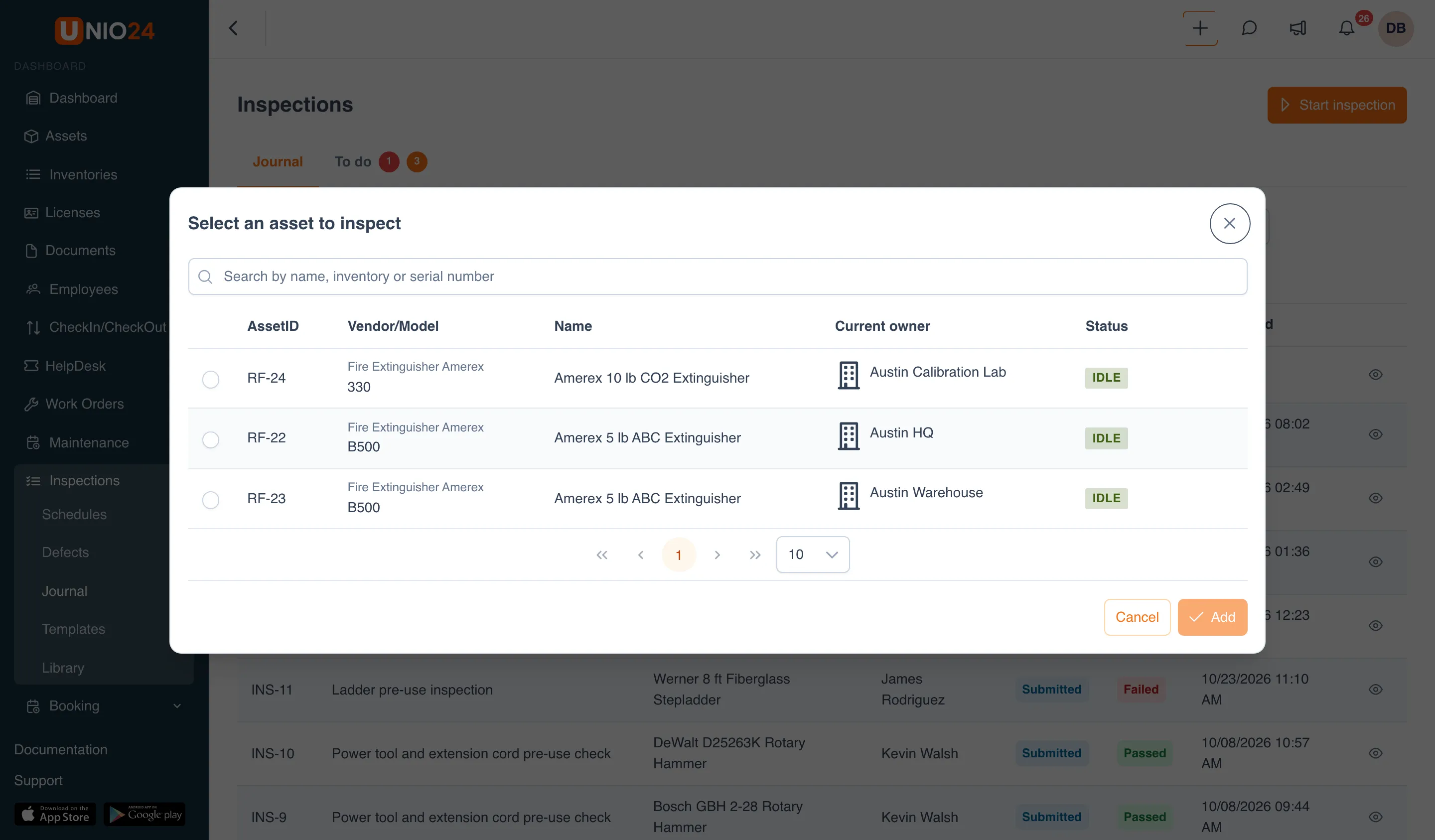 The Select an asset to inspect window: a search box “Search by name, inventory or serial number”, a table of fire extinguishers with the AssetID, Vendor/Model, Name, Current owner, and Status columns, and Cancel and Add buttons