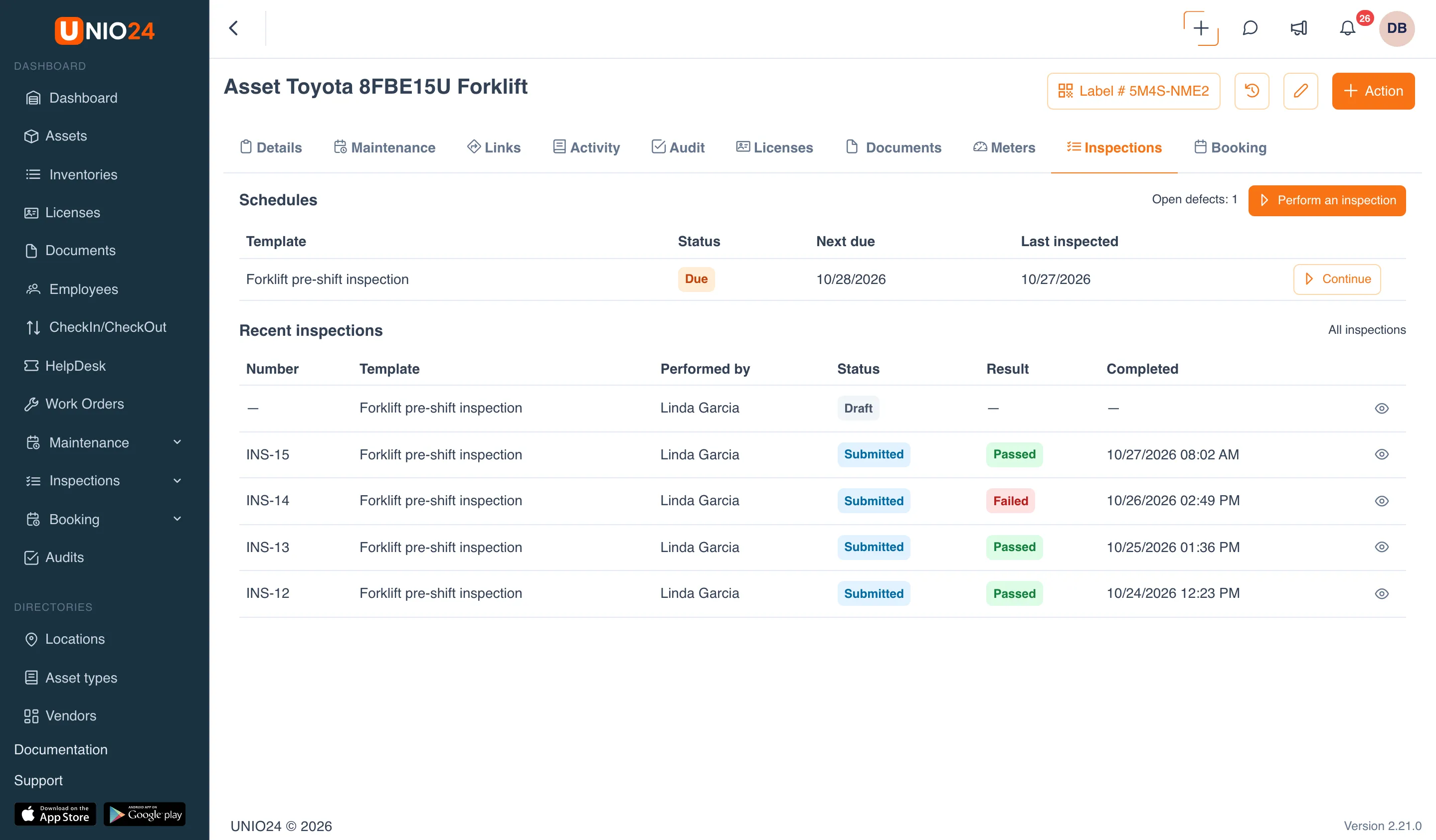 The Inspections tab of the Toyota 8FBE15U Forklift asset card: the Schedules block with the Due status and a Continue button, the “Open defects: 1” link, the Perform an inspection button, and below them the Recent inspections block and the All inspections link
