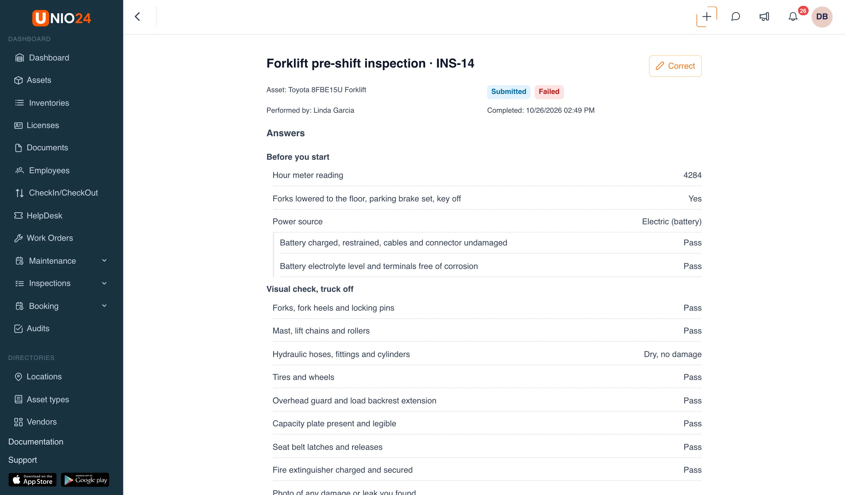 The card of submitted inspection “Forklift pre-shift inspection · INS-14”: the Asset, Performed by, and Completed lines, the Submitted and Failed badges, the Correct button, and the Answers section with the answers to each item