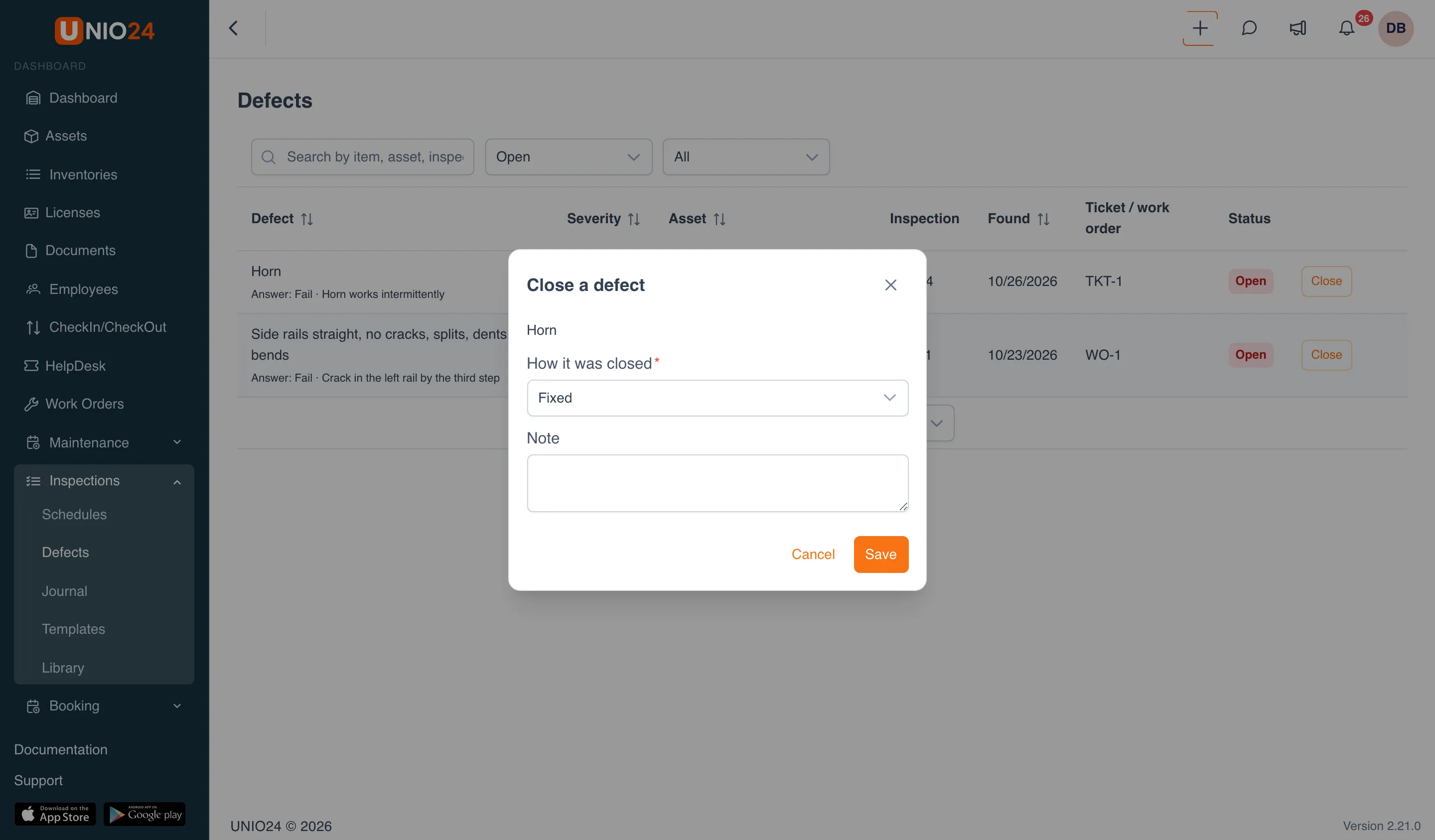 The Close a defect window over the defect list: the defect name Horn, the How it was closed field set to Fixed, the Note field, and Cancel and Save buttons