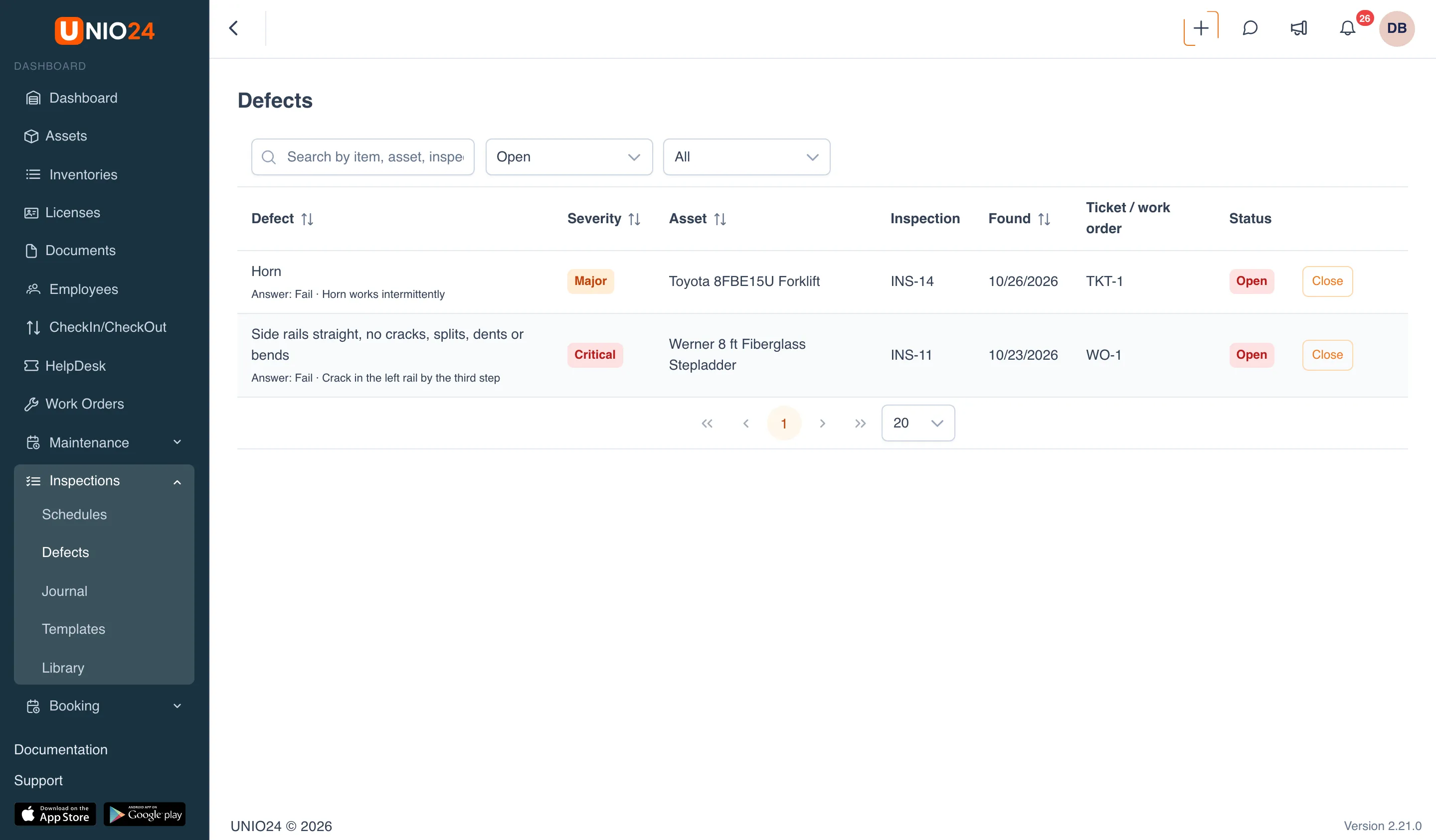 The Defects page: search, status and severity filters, and a table with the Defect, Severity, Asset, Inspection, Found, Ticket / work order, and Status columns, with a Close button in every row