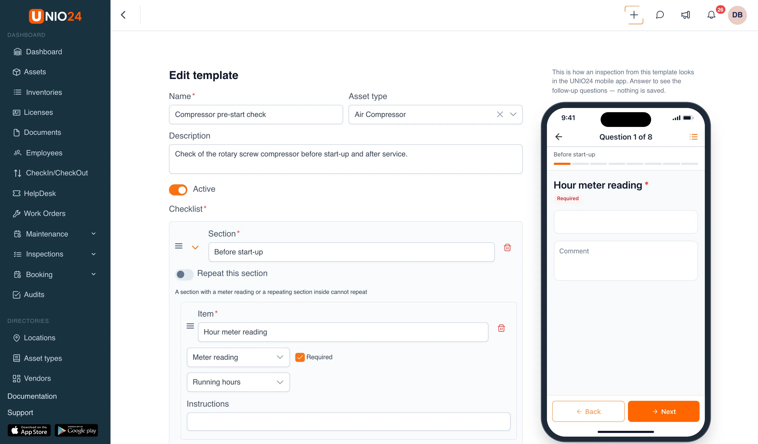 The template builder for Compressor pre-start check: the Name, Asset type, and Description fields, the Active switch, and in the Checklist block the Before start-up section with the Hour meter reading item; on the right, a phone mockup with the first question
