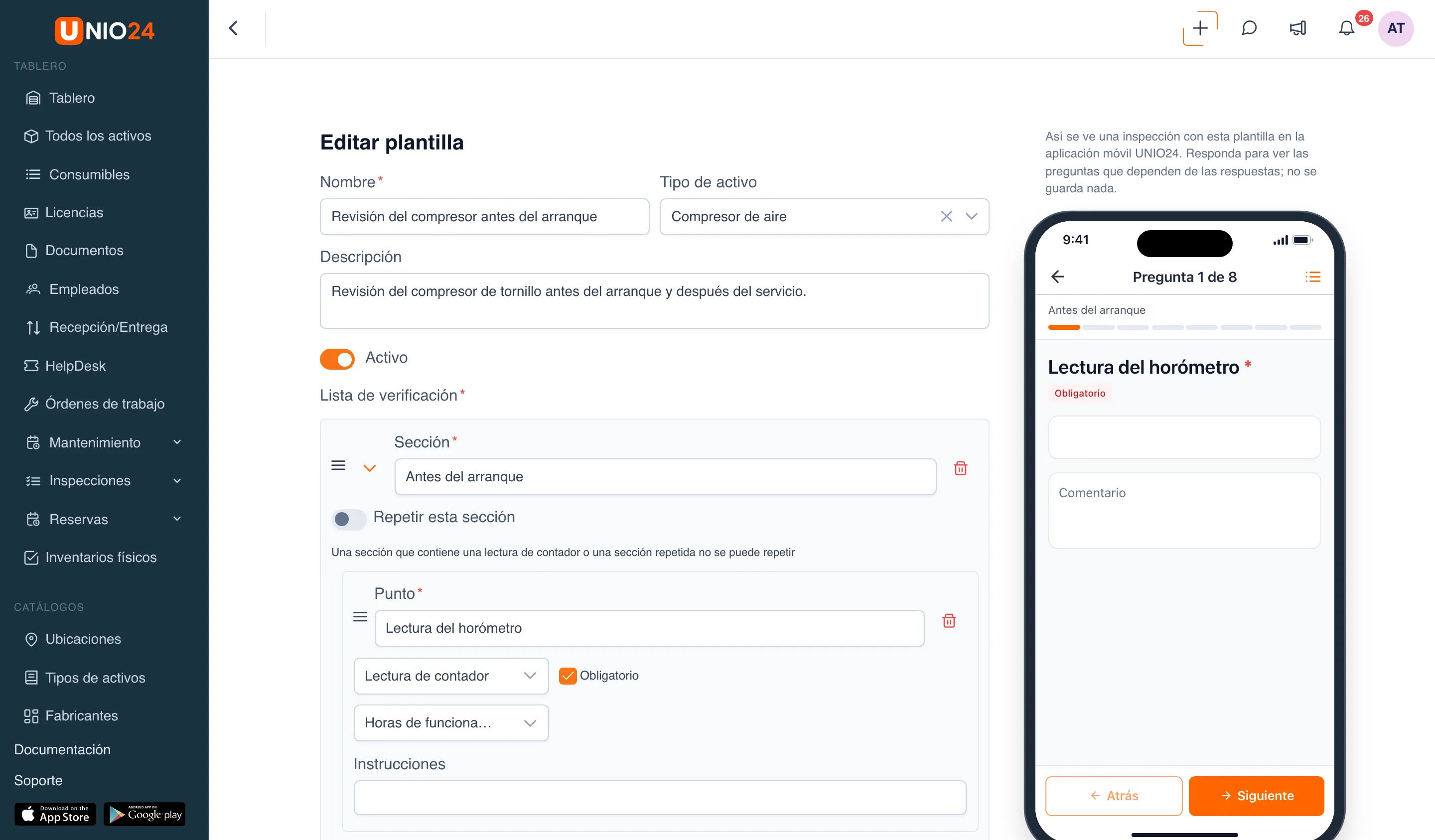 Constructor de la plantilla «Revisión del compresor antes del arranque»: campos «Nombre», «Tipo de activo» y «Descripción», interruptor «Activo» y, en el bloque «Lista de verificación», la sección «Antes del arranque» con el punto «Lectura del horómetro»; a la derecha, la maqueta de un teléfono con la primera pregunta