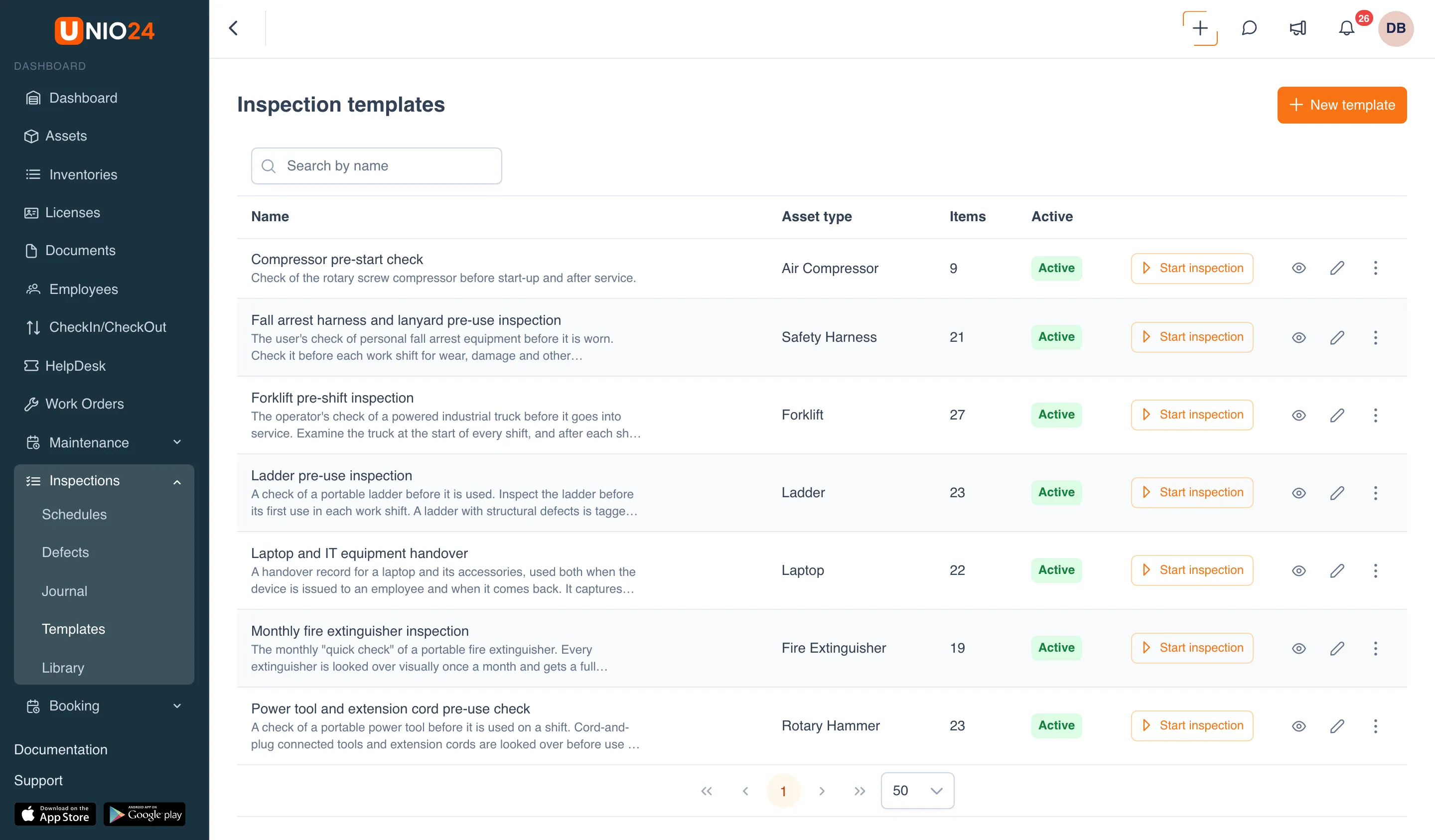 The Inspection templates list: the New template button, a search box, and a table of templates with the Name, Asset type, Items, and Active columns; each row has a Start inspection button, Preview and Edit actions, and a three-dot menu