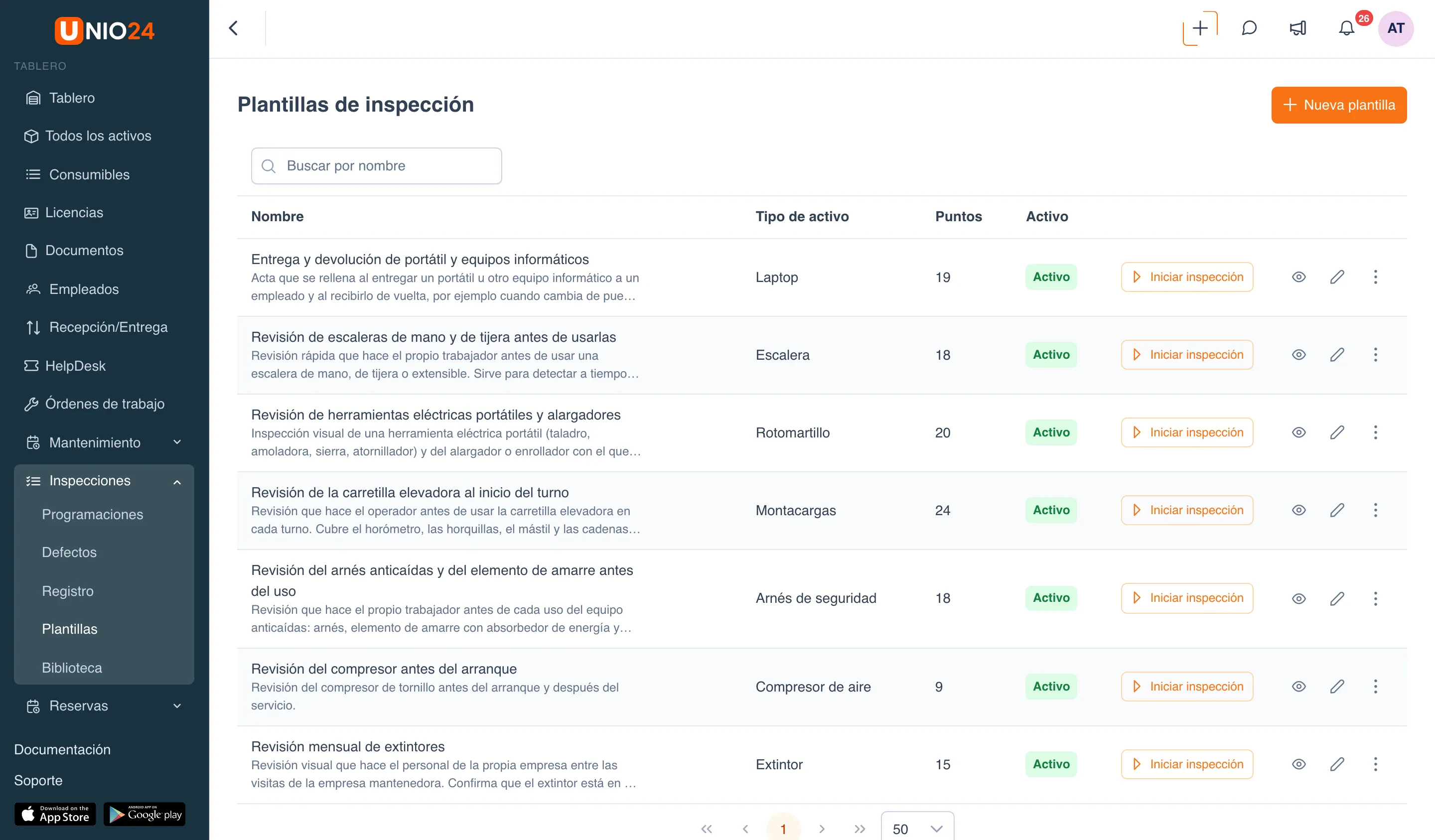 Lista «Plantillas de inspección»: botón «Nueva plantilla», cuadro de búsqueda y tabla de plantillas con las columnas «Nombre», «Tipo de activo», «Puntos» y «Activo»; en cada fila, el botón «Iniciar inspección», los íconos de vista previa y edición, y un menú de tres puntos