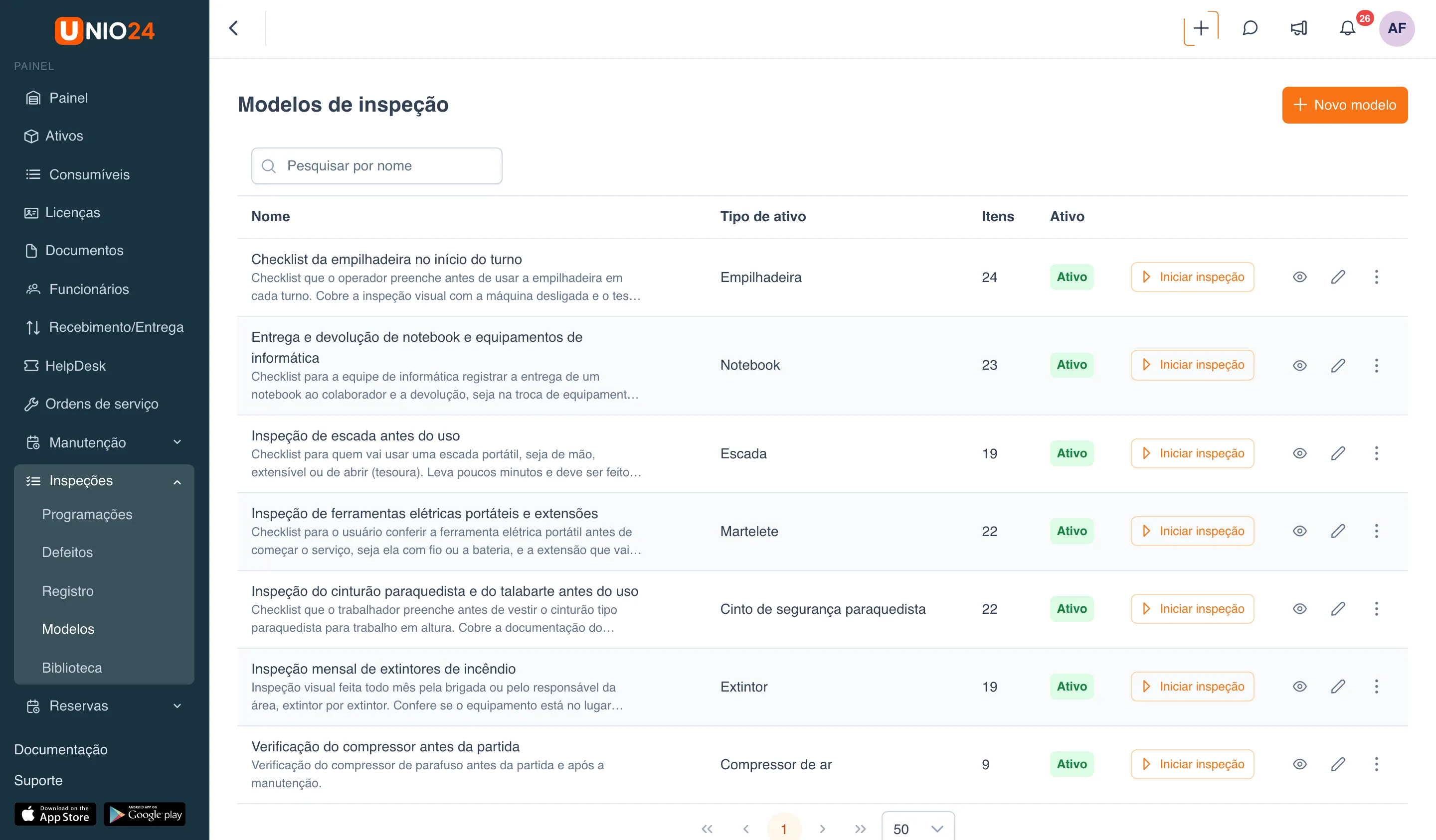 Lista “Modelos de inspeção”: botão “Novo modelo”, campo de busca e tabela de modelos com as colunas “Nome”, “Tipo de ativo”, “Itens” e “Ativo”; em cada linha, o botão “Iniciar inspeção”, os ícones de pré-visualização e de edição e um menu de três pontos