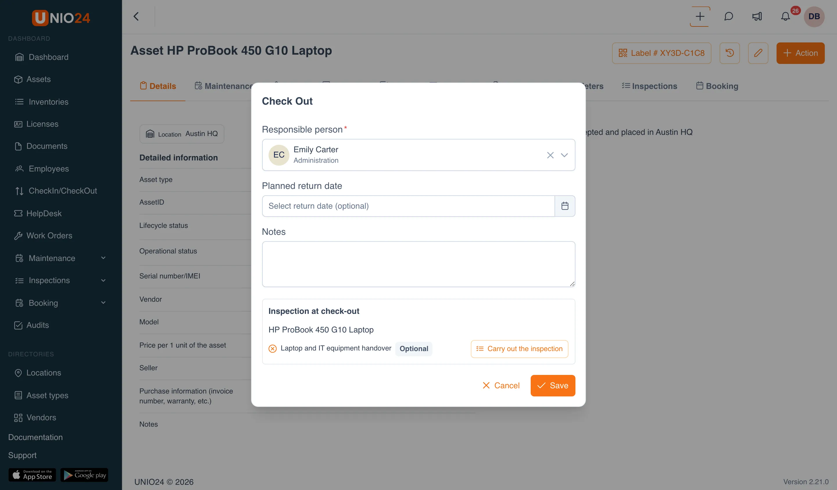 The Check Out window for a laptop: the Responsible person is selected, the Planned return date and Notes fields, and below them the Inspection at check-out block with the Laptop and IT equipment handover template, the Optional tag, and the Carry out the inspection button
