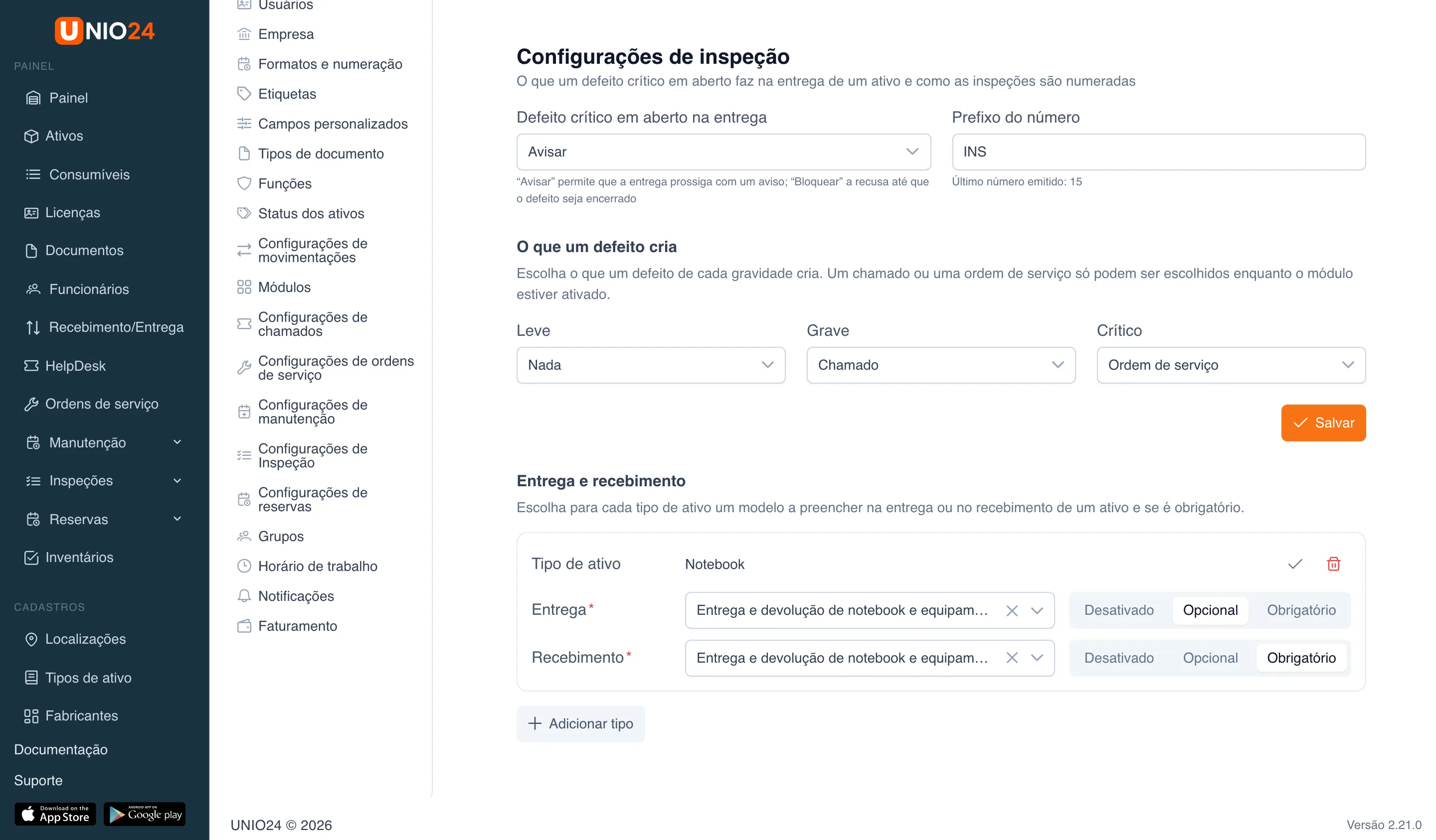 Bloco “Entrega e recebimento” da página “Configurações de inspeção”: cartão de regra para o tipo de ativo “Notebook” com a linha “Entrega” (modelo “Entrega e devolução de notebook e equipamentos de informática”, modo “Opcional”) e a linha “Recebimento” (o mesmo modelo, modo “Obrigatório”), e o botão “Adicionar tipo”