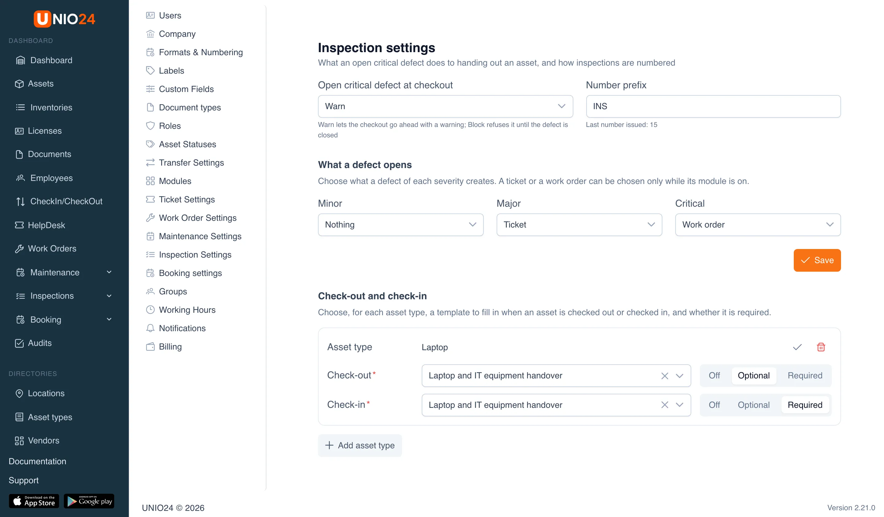 The Check-out and check-in block on the Inspection settings page: a rule card for the Laptop asset type with the Check-out row (template Laptop and IT equipment handover, mode Optional) and the Check-in row (the same template, mode Required), and the Add asset type button