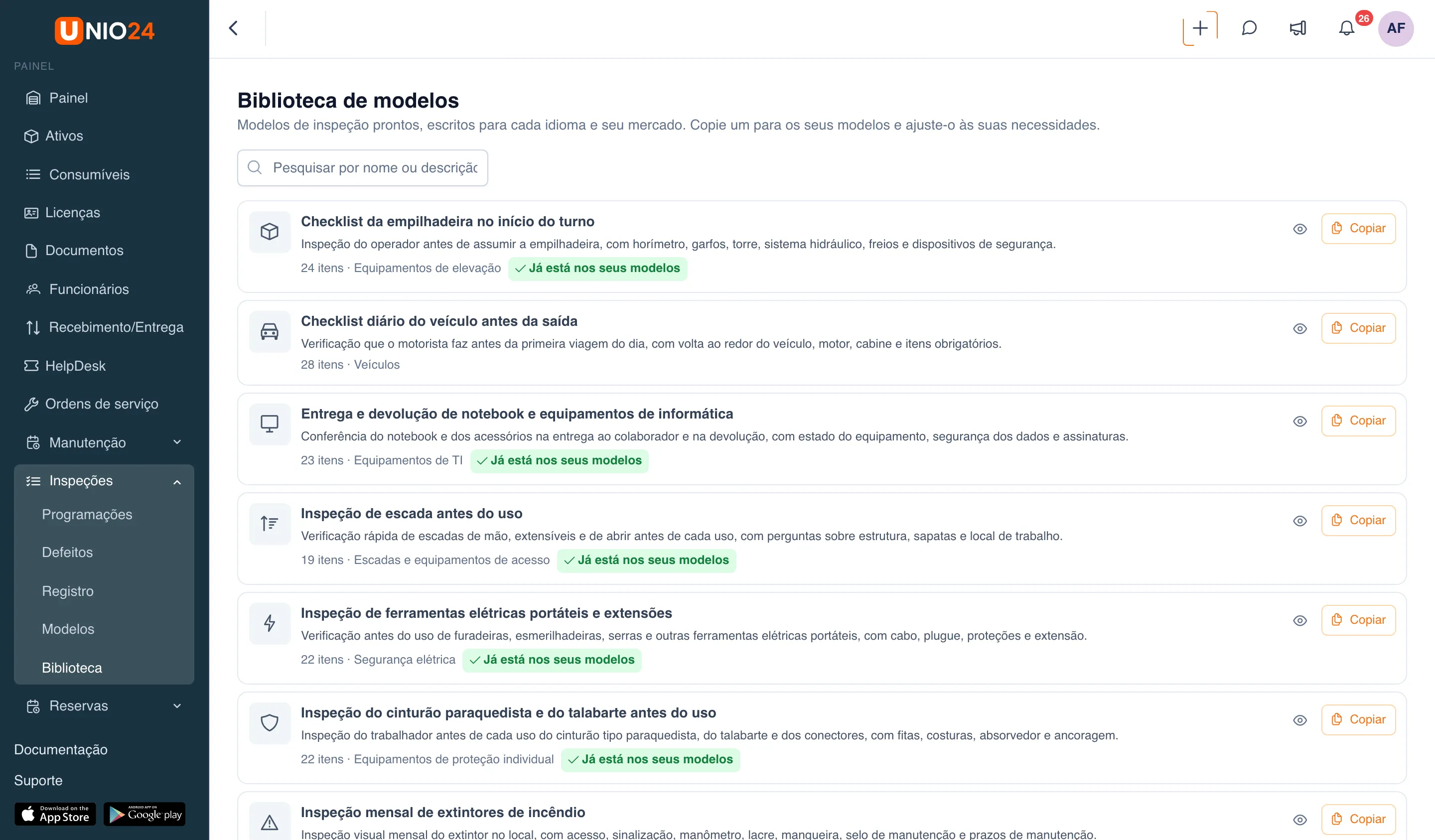 Página “Biblioteca de modelos”: campo de busca e lista de modelos, cada um com o ícone da categoria, nome, descrição, número de itens e categoria; os modelos já copiados têm o selo “Já está nos seus modelos”; em cada linha, o ícone de olho e o botão “Copiar”