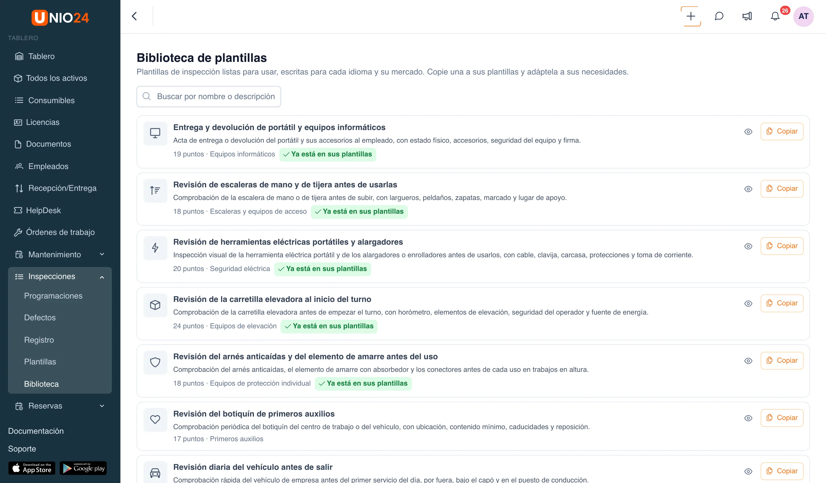 Página «Biblioteca de plantillas»: cuadro de búsqueda y lista de plantillas, cada una con el ícono de su categoría, nombre, descripción, número de puntos y categoría; las plantillas ya copiadas tienen la etiqueta «Ya está en sus plantillas»; en cada fila, el ícono del ojo y el botón «Copiar»