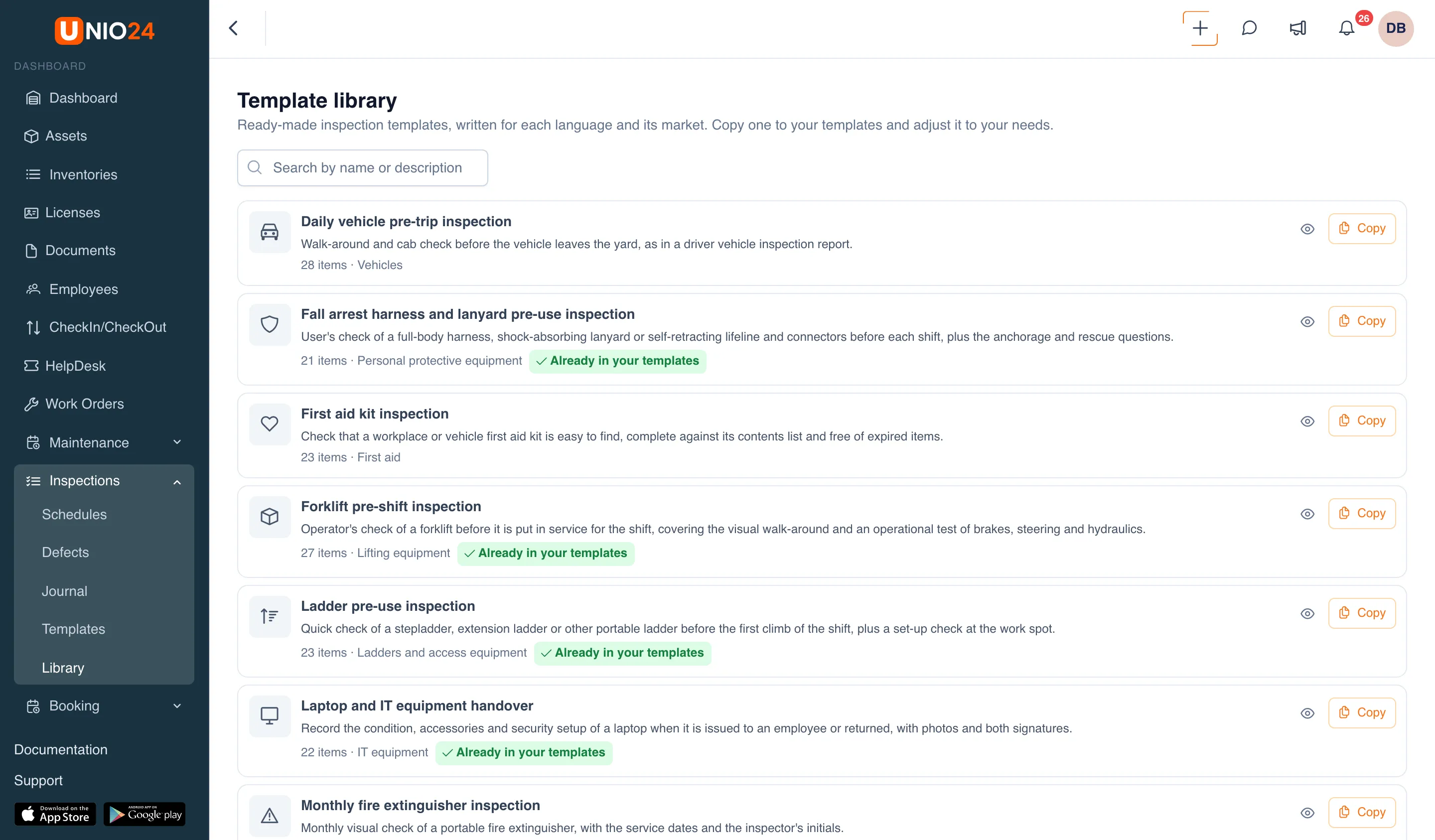 The Template library page: a search box and a list of templates, each with a category icon, name, description, number of items, and category; copied templates have an “Already in your templates” tag; every row has a View action and a Copy button