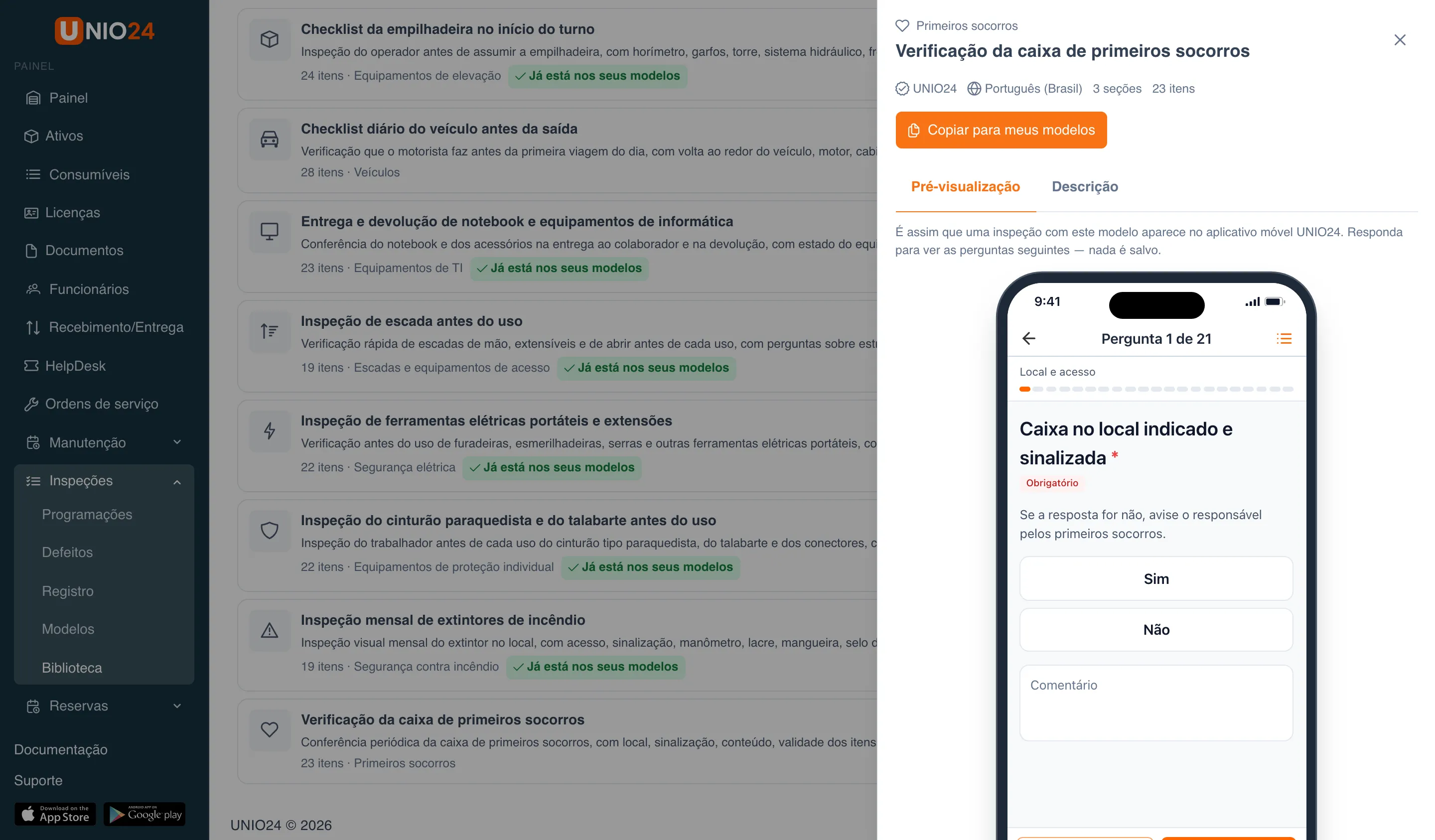Painel de pré-visualização do modelo “Verificação da caixa de primeiros socorros”: categoria “Primeiros socorros”, número de seções e de itens, botão “Copiar para meus modelos”, abas “Pré-visualização” e “Descrição” e a imagem de um celular com a primeira pergunta da inspeção