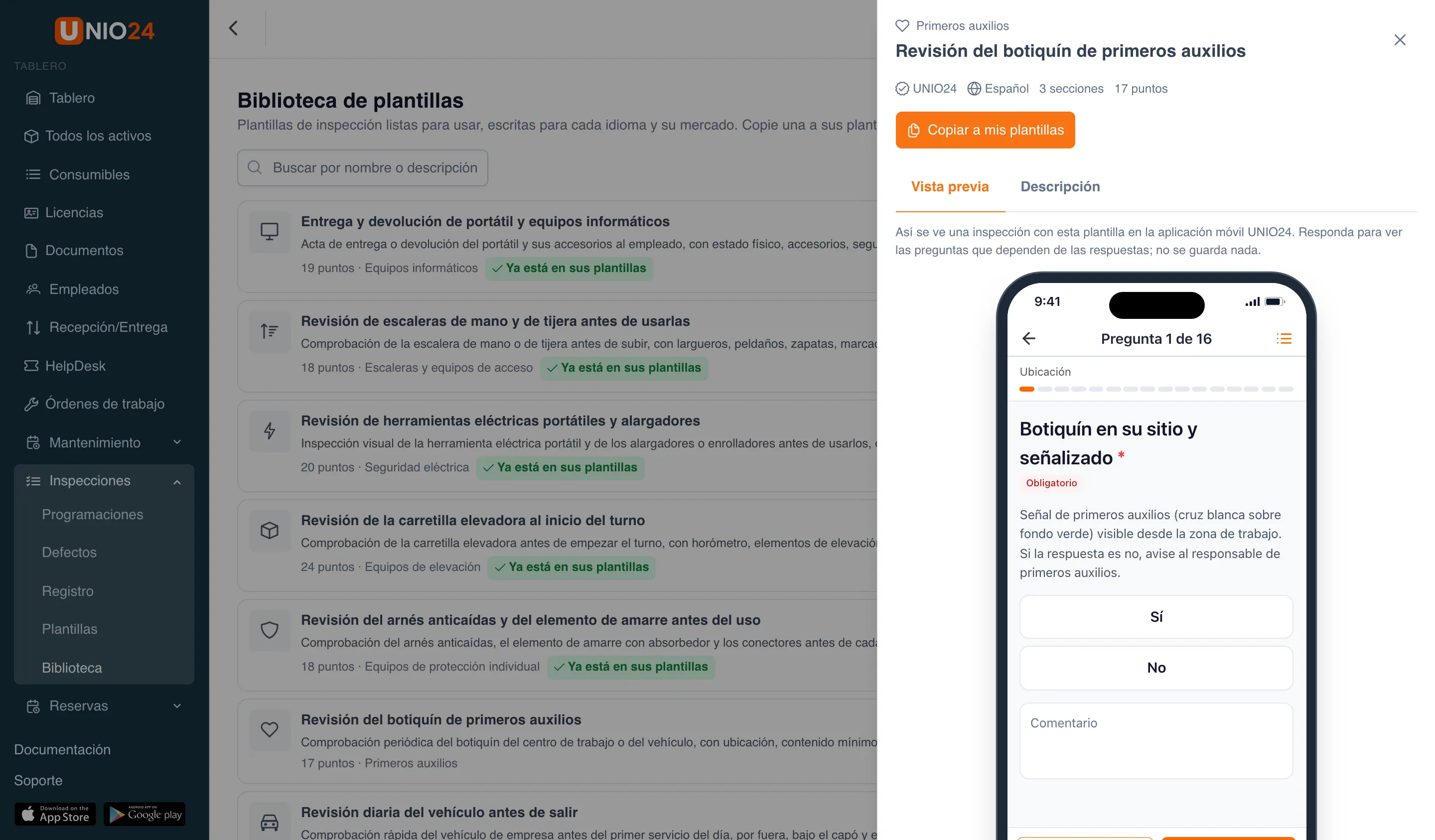 Panel de vista previa de la plantilla «Revisión del botiquín de primeros auxilios»: categoría «Primeros auxilios», número de secciones y de puntos, botón «Copiar a mis plantillas», pestañas «Vista previa» y «Descripción» y la maqueta de un teléfono con la primera pregunta de la inspección