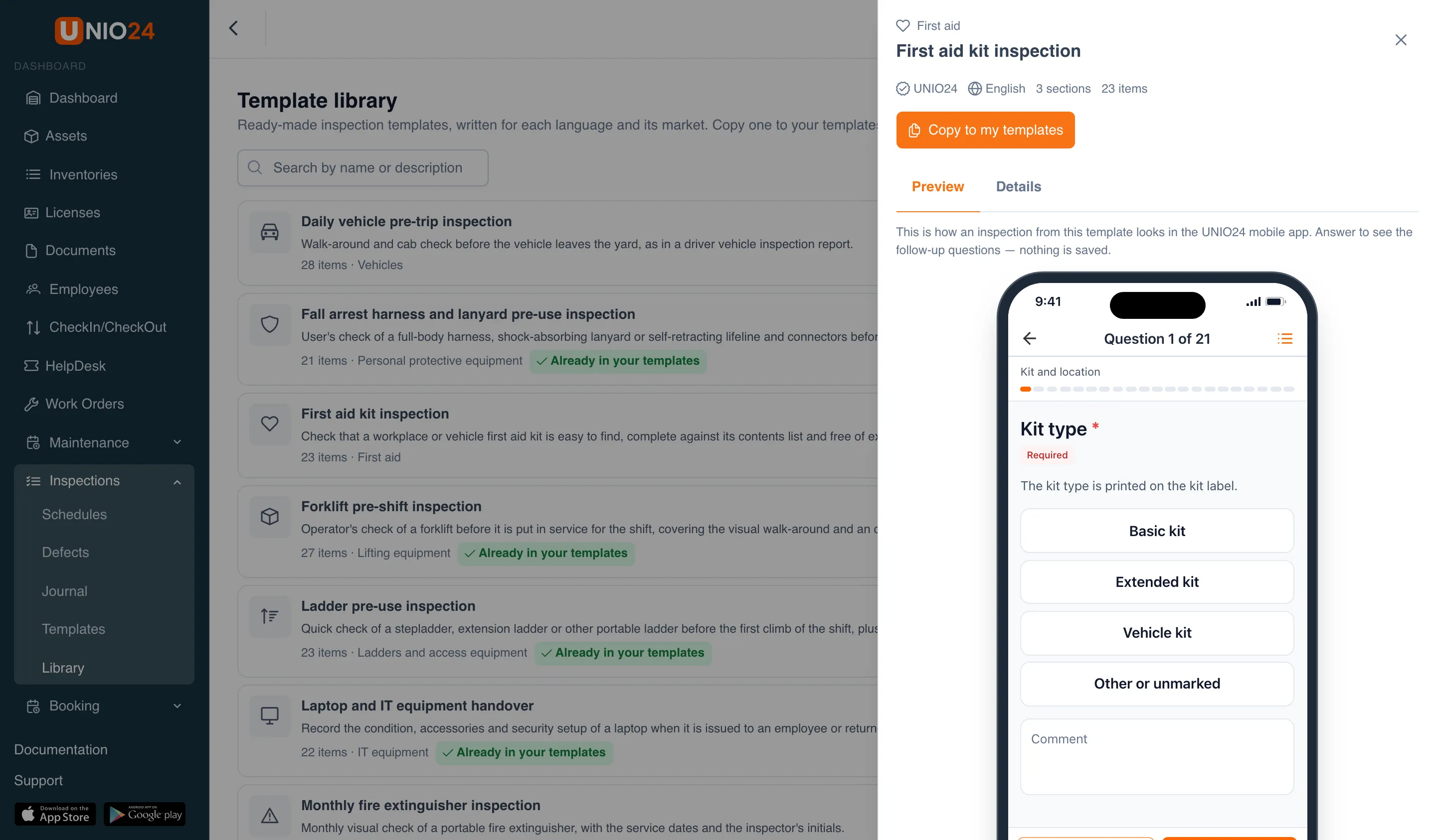 The preview panel of the First aid kit inspection template: the First aid category, the number of sections and items, the Copy to my templates button, the Preview and Details tabs, and a phone mockup showing the first question of the inspection