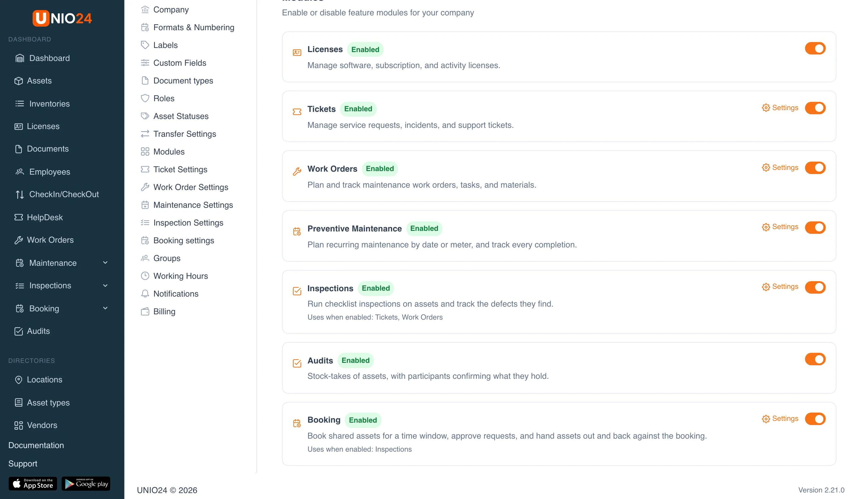 The Settings → Modules page: the Inspections module card with the description “Run checklist inspections on assets and track the defects they find”, the line “Uses when enabled: Tickets, Work Orders”, and a switch