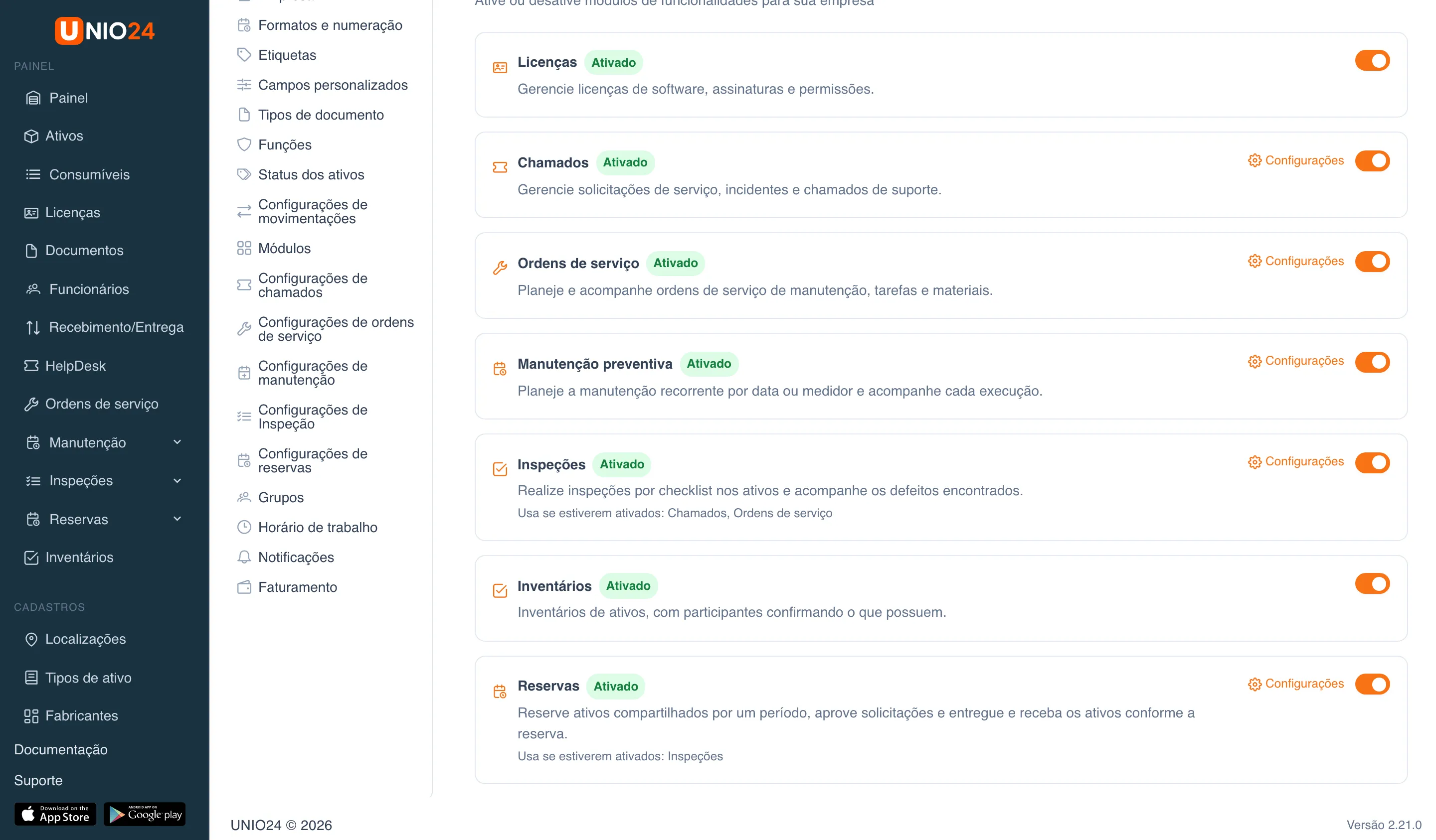 Página Configurações → Módulos: cartão do módulo “Inspeções” com a descrição “Realize inspeções por checklist nos ativos e acompanhe os defeitos encontrados”, a linha “Usa se estiverem ativados: Chamados, Ordens de serviço” e a chave