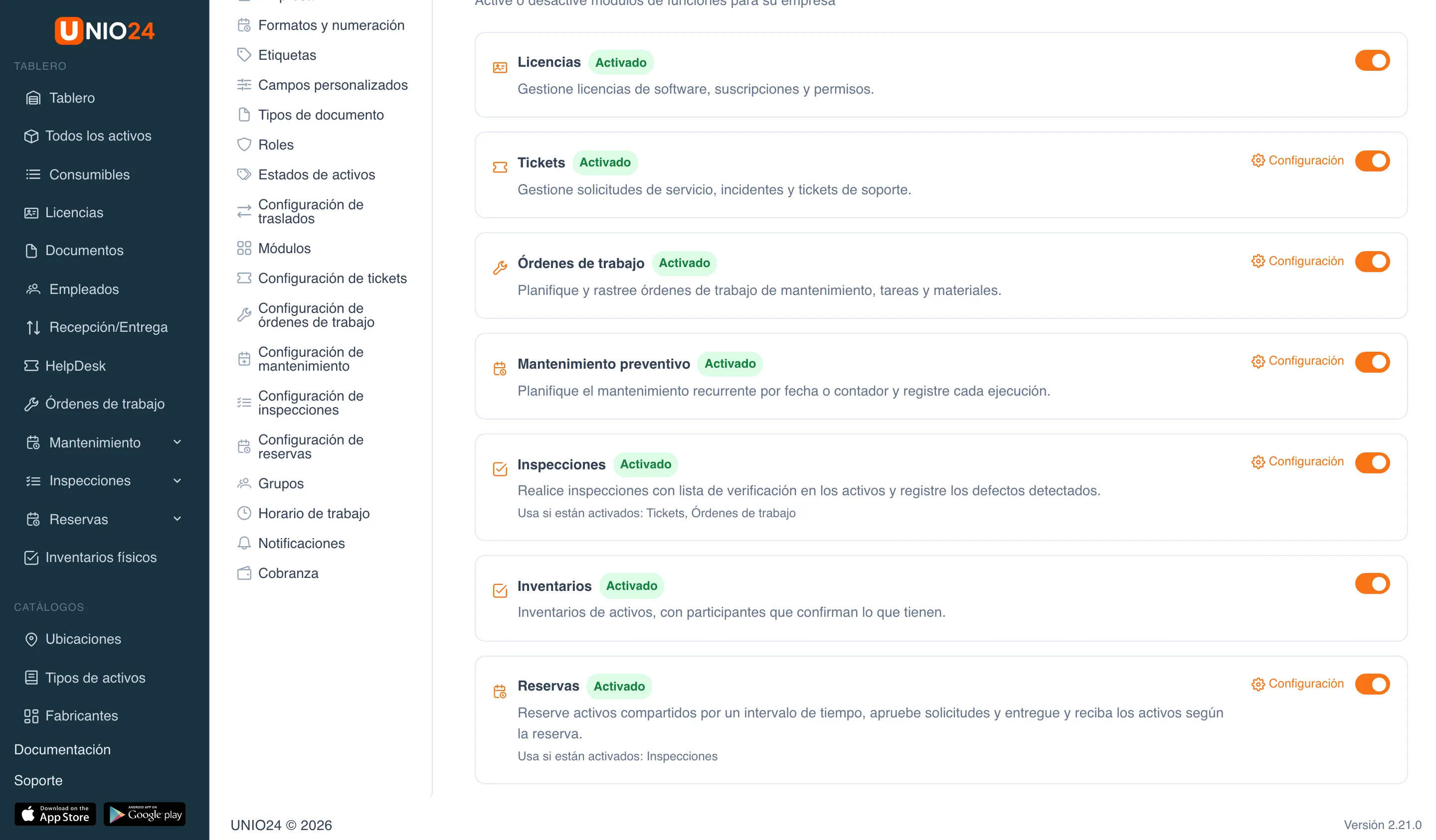 Página Configuración → Módulos: tarjeta del módulo «Inspecciones» con la descripción «Realice inspecciones con lista de verificación en los activos y registre los defectos detectados», la línea «Usa si están activados: Tickets, Órdenes de trabajo» y el interruptor