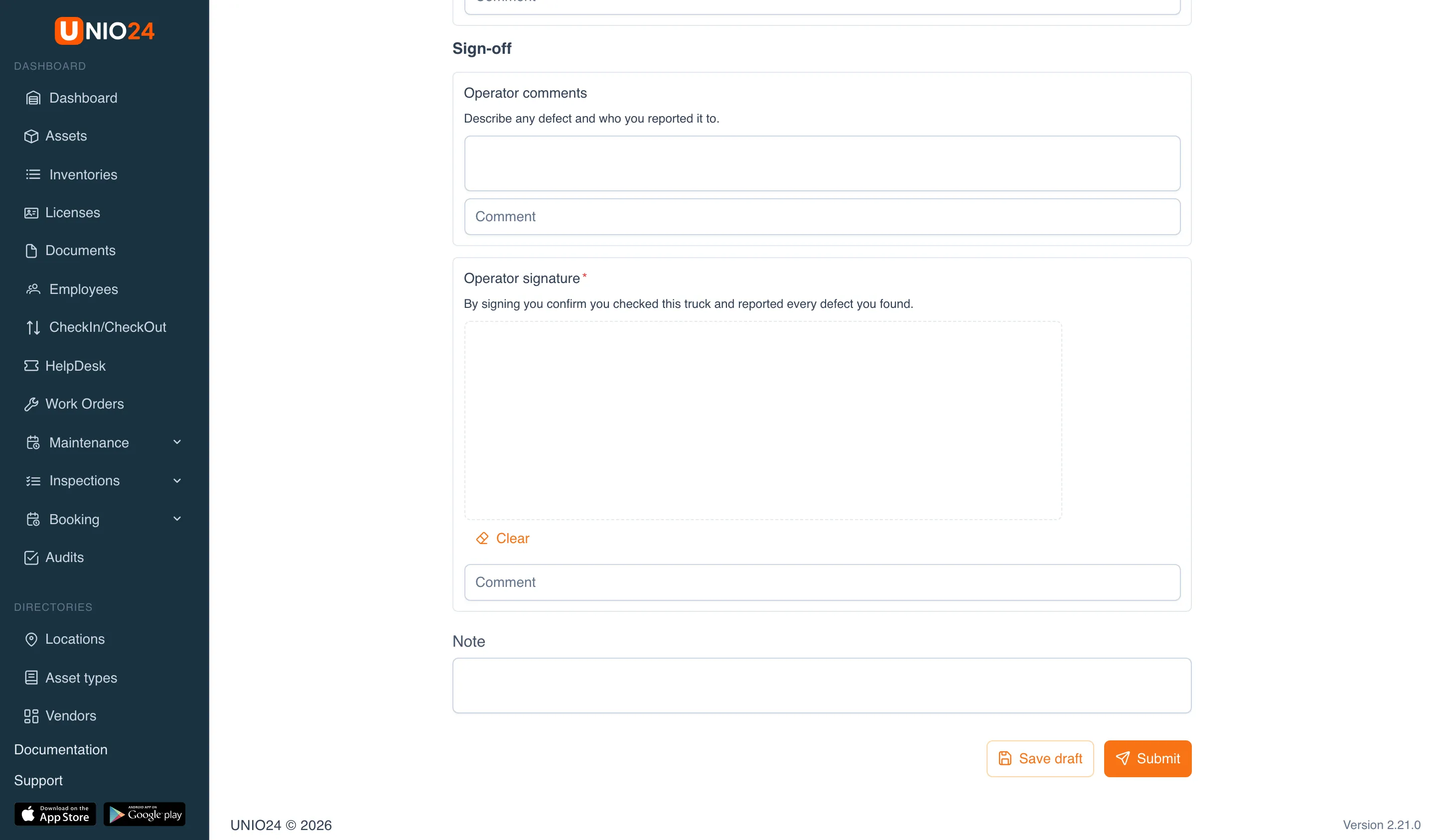 The bottom of the inspection screen: the Operator comments item, the Operator signature item with a signature box and a Clear button, the Note field, and the Save draft and Submit buttons