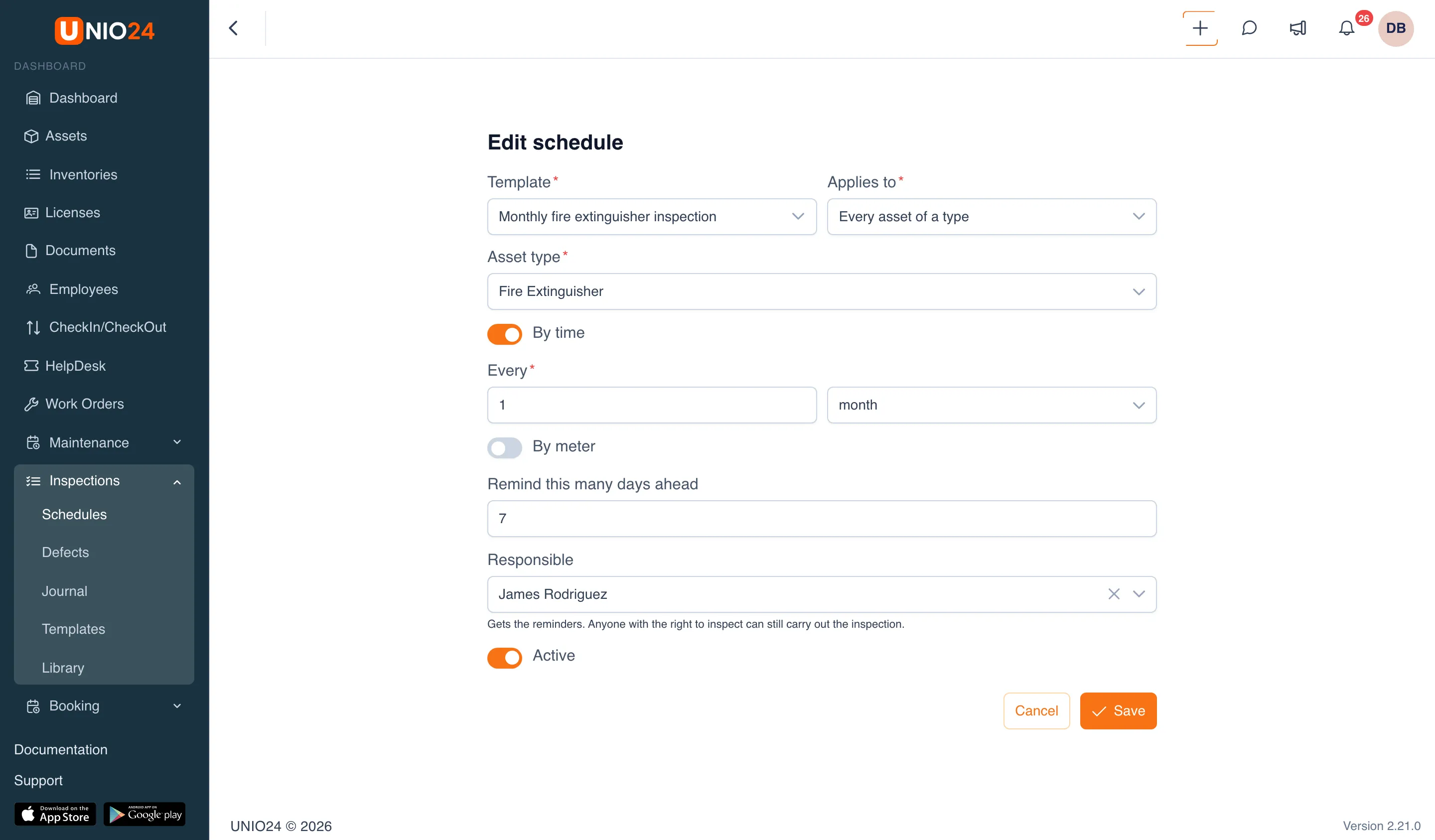 The Edit schedule form: template Monthly fire extinguisher inspection, Applies to set to Every asset of a type, Asset type Fire Extinguisher, the By time switch on with an interval of Every 1 month, By meter off, Remind this many days ahead set to 7, Responsible James Rodriguez, and the Active switch