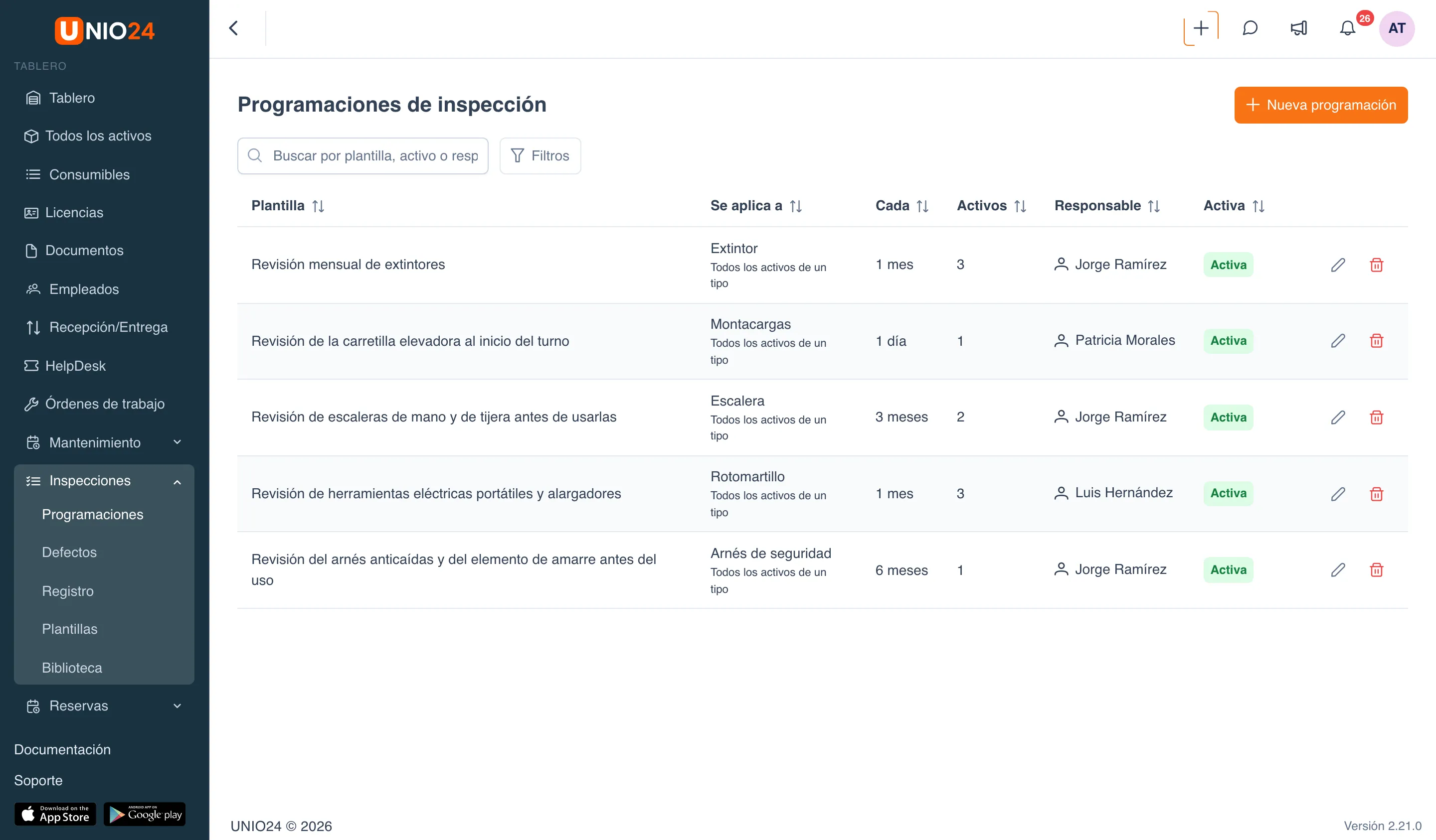 Lista «Programaciones de inspección»: botón «Nueva programación», cuadro de búsqueda, botón «Filtros» y tabla de programaciones con las columnas «Plantilla», «Se aplica a», «Cada», «Activos», «Responsable» y «Activa»