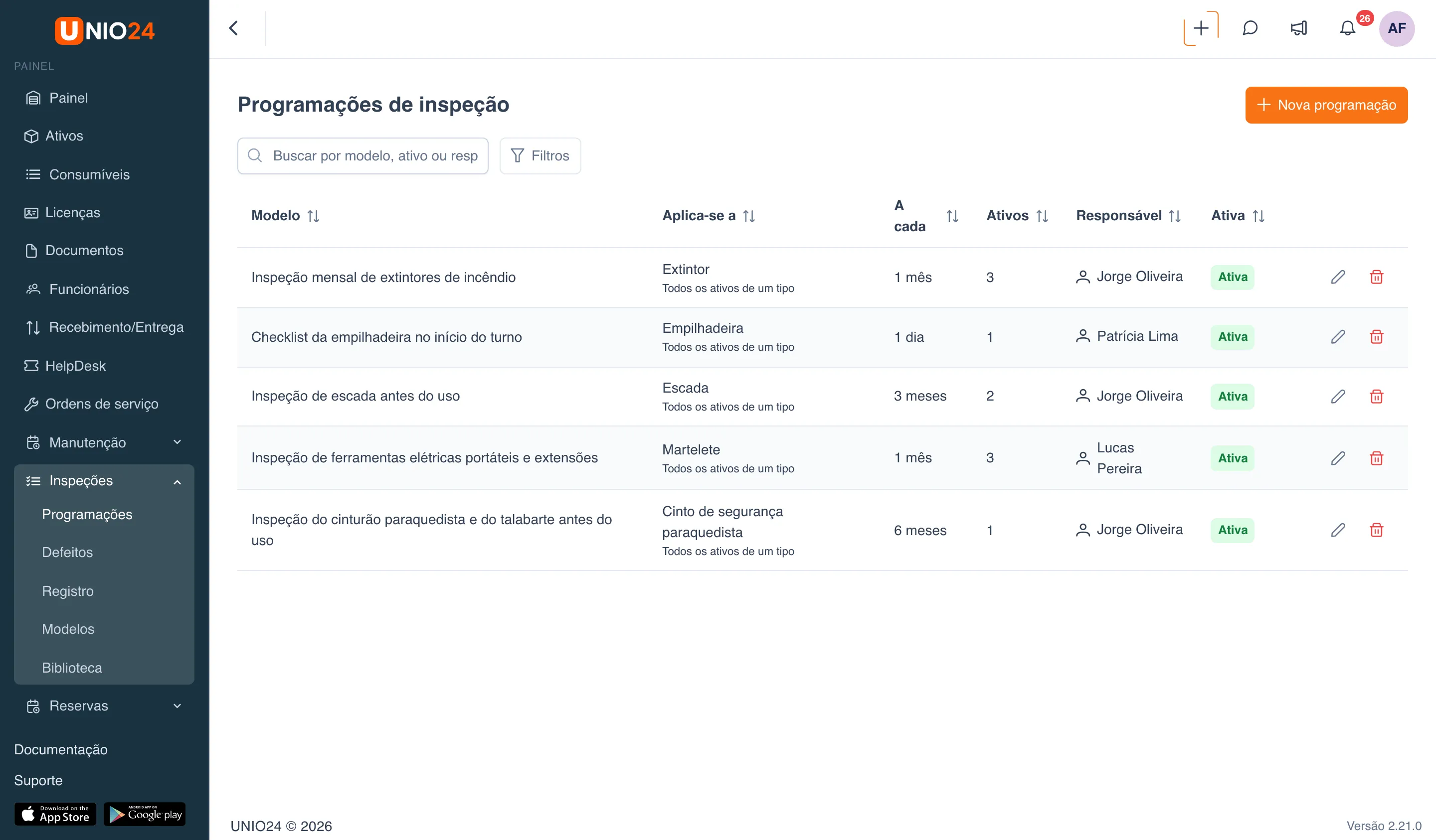 Lista “Programações de inspeção”: botão “Nova programação”, campo de busca, botão “Filtros” e tabela de programações com as colunas “Modelo”, “Aplica-se a”, “A cada”, “Ativos”, “Responsável” e “Ativa”