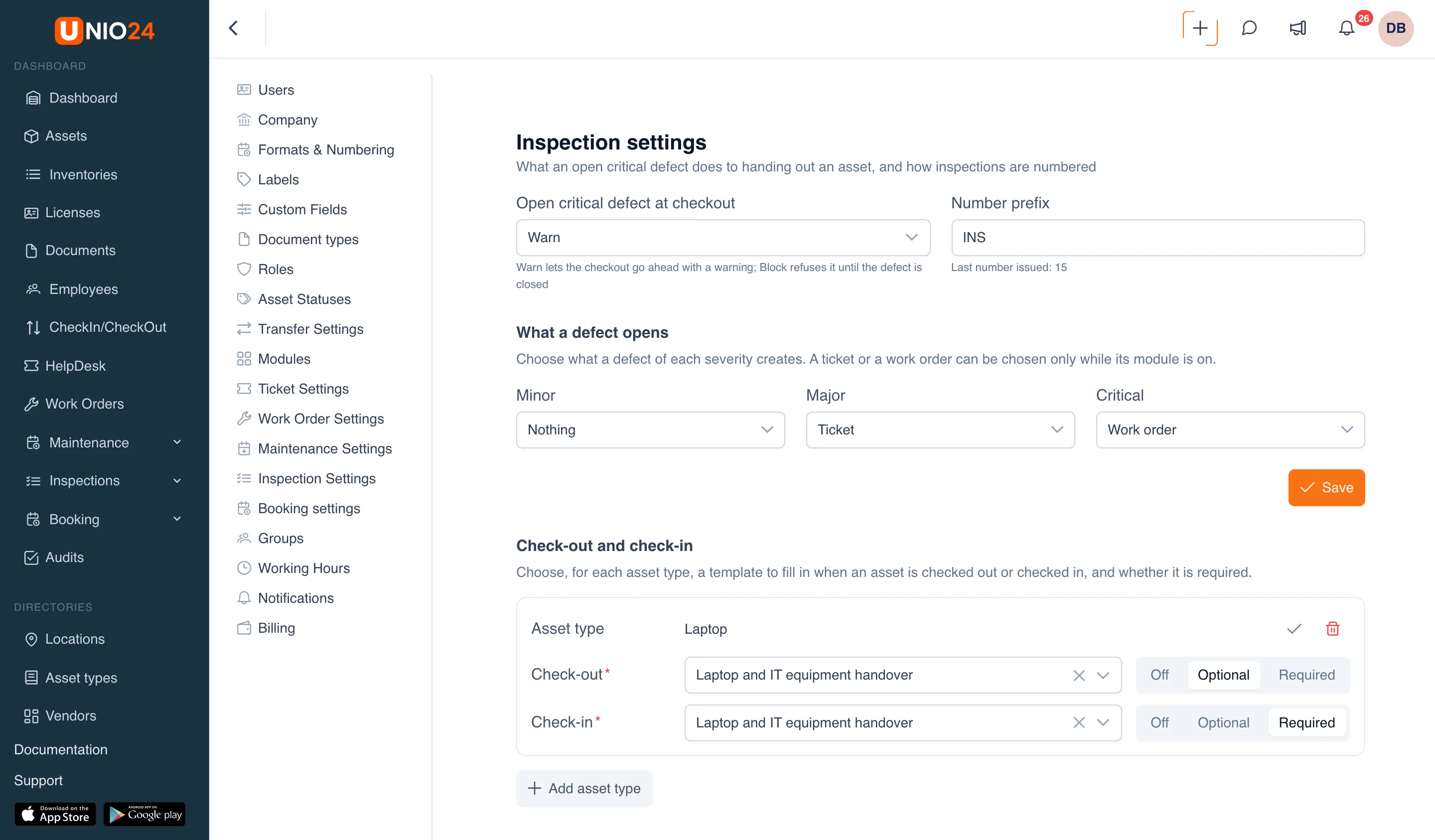 The Inspection settings page: the Open critical defect at checkout field set to Warn, the Number prefix field set to INS with “Last number issued” under it, the What a defect opens block with choices for the Minor, Major, and Critical severities, and the Save button