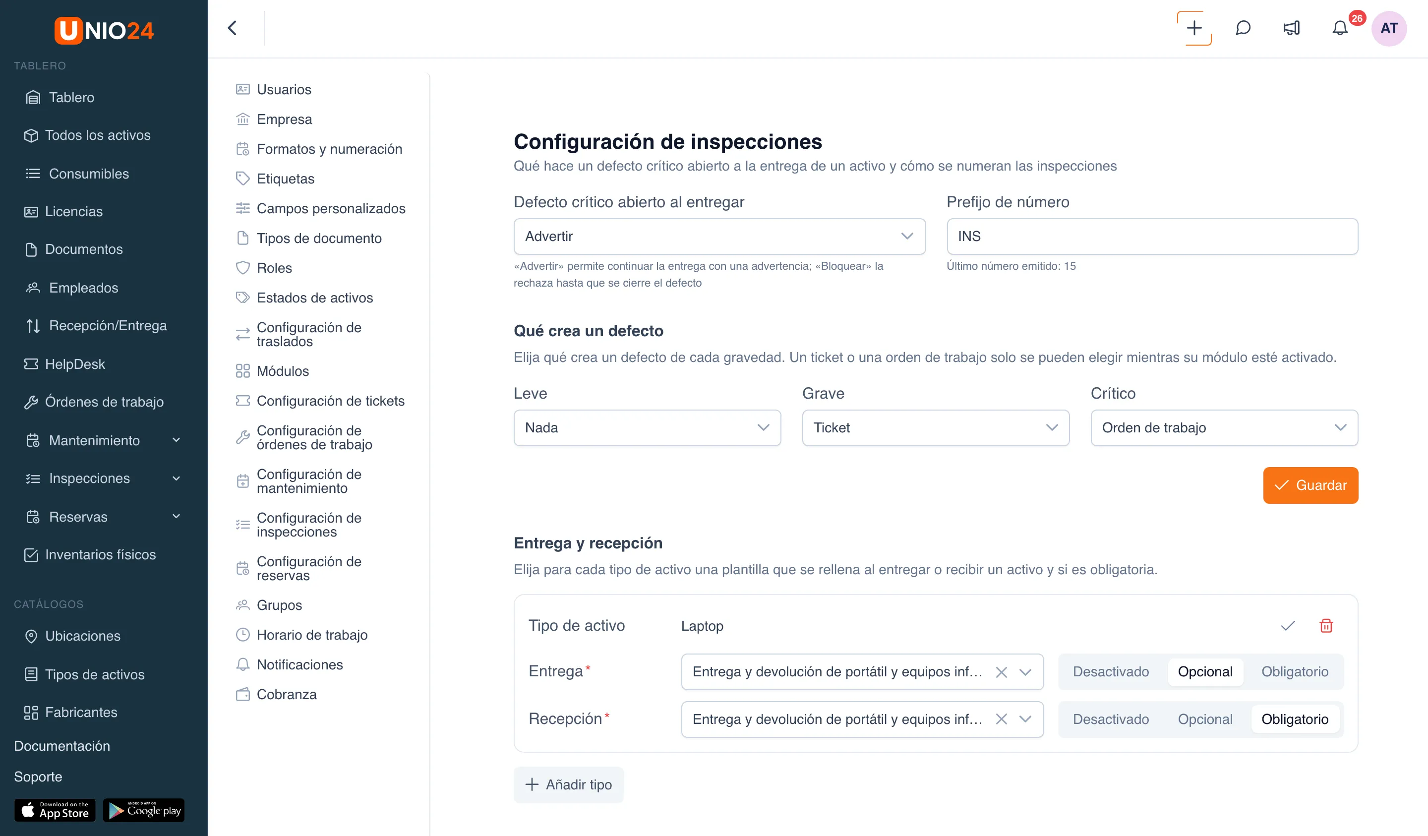Página «Configuración de inspecciones»: campo «Defecto crítico abierto al entregar» con el valor «Advertir», campo «Prefijo de número» con INS y debajo «Último número emitido», bloque «Qué crea un defecto» con las opciones para las gravedades «Leve», «Grave» y «Crítico», y el botón «Guardar»