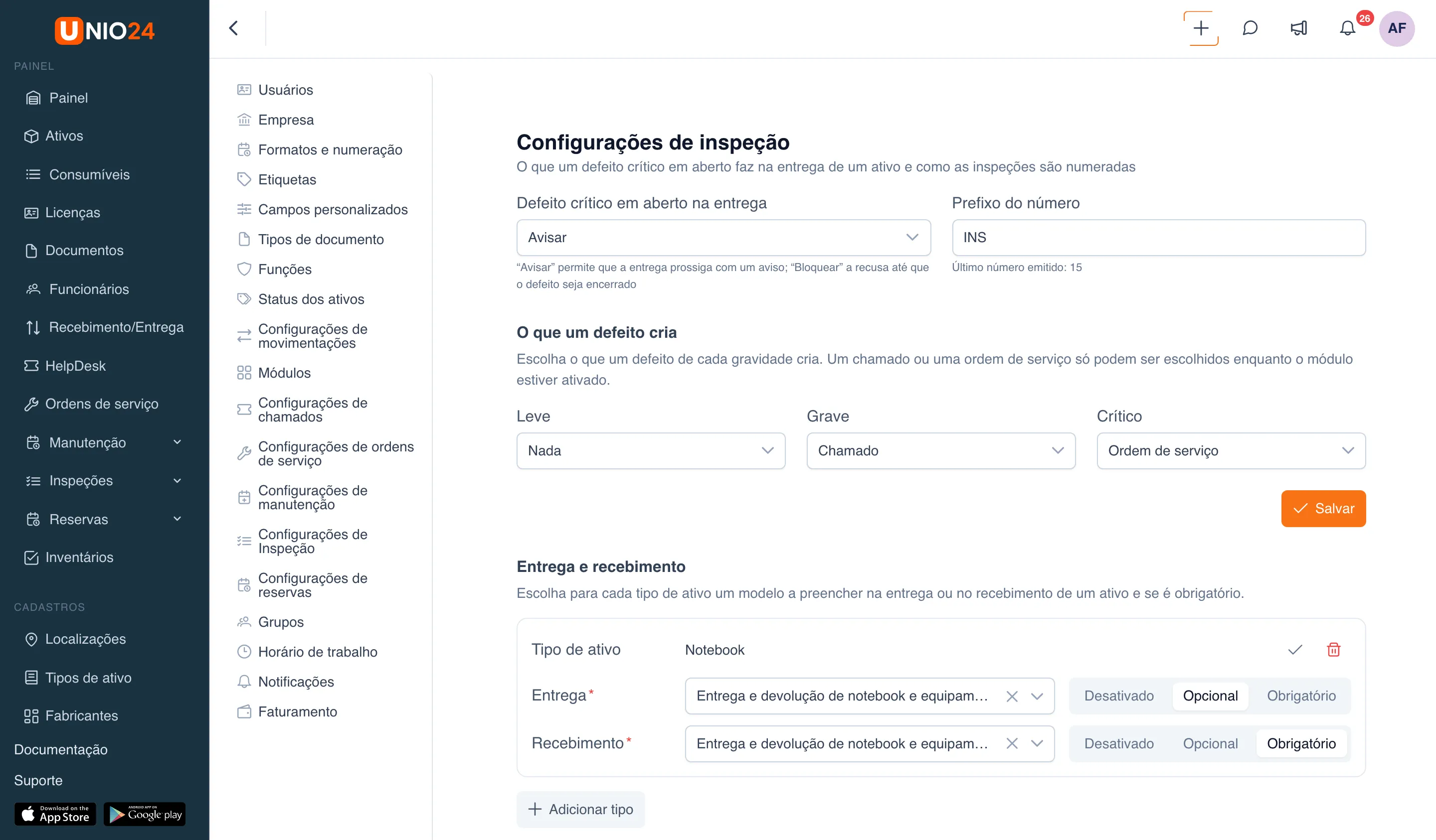 Página “Configurações de inspeção”: campo “Defeito crítico em aberto na entrega” com o valor “Avisar”, campo “Prefixo do número” com INS e, abaixo dele, “Último número emitido”, bloco “O que um defeito cria” com as opções para as gravidades “Leve”, “Grave” e “Crítico”, e o botão “Salvar”