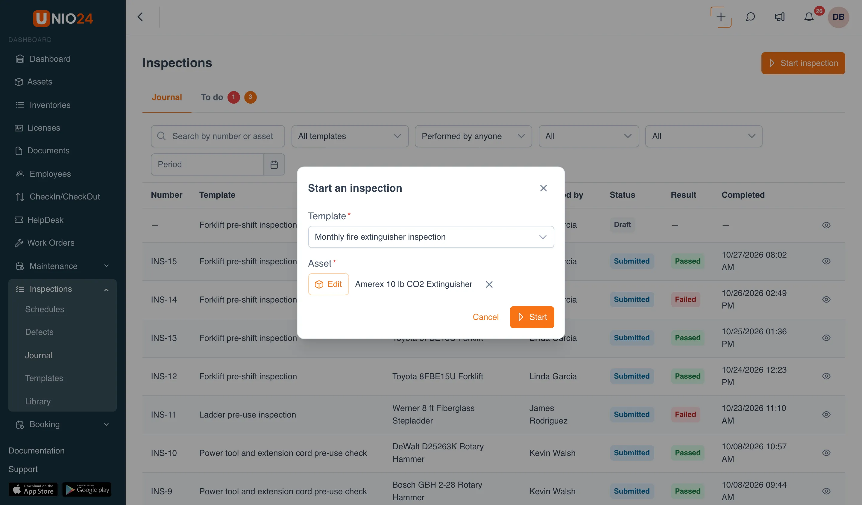 The Start an inspection window over the journal: the Monthly fire extinguisher inspection template is selected, the Asset field shows Amerex 10 lb CO2 Extinguisher with an Edit button and a remove cross, and Cancel and Start buttons at the bottom