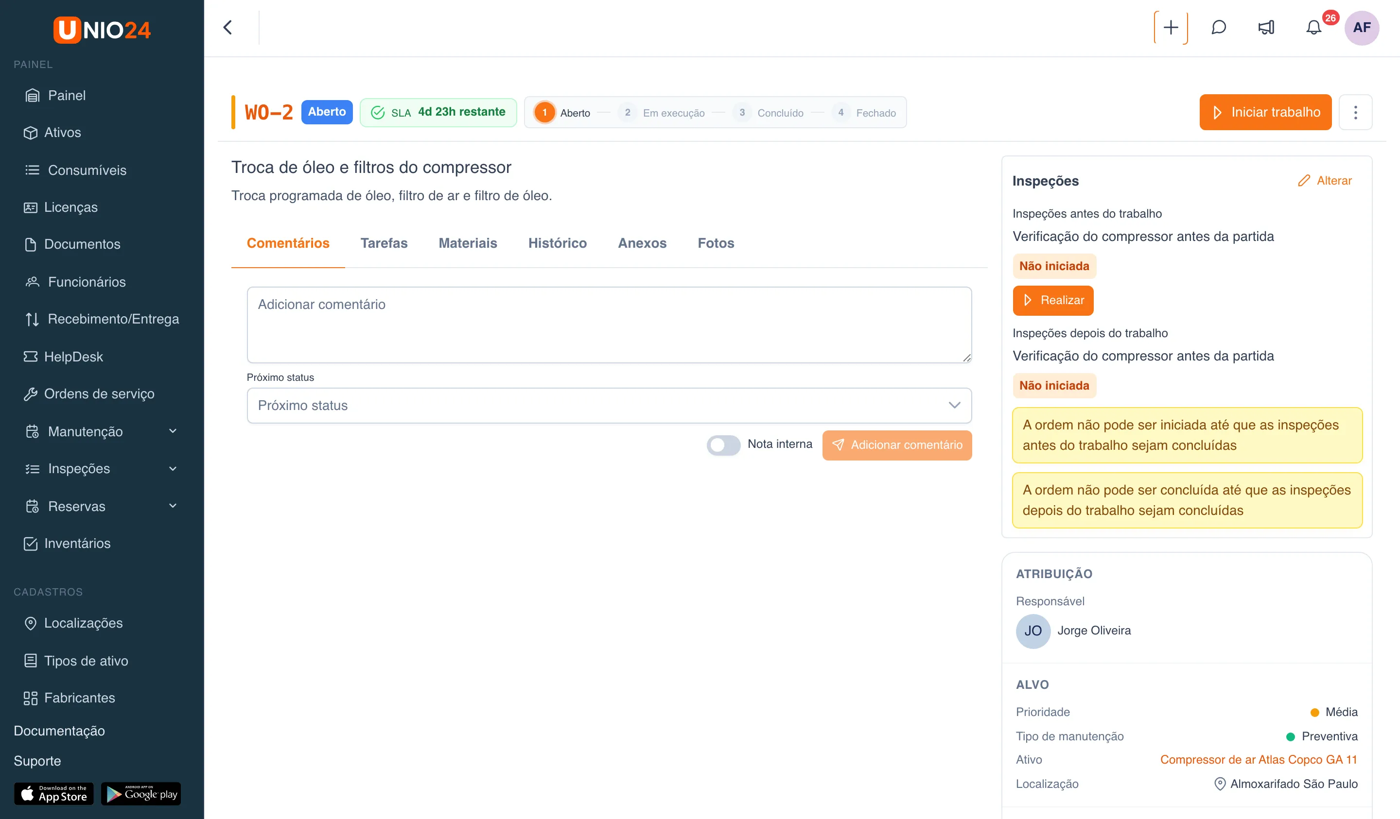 Ordem de serviço WO-2 “Troca de óleo e filtros do compressor” com status “Aberto”: à direita, o bloco “Inspeções” com “Inspeções antes do trabalho” e “Inspeções depois do trabalho”, o modelo “Verificação do compressor antes da partida” com o status “Não iniciada”, o botão “Realizar” e os avisos “A ordem não pode ser iniciada até que as inspeções antes do trabalho sejam concluídas” e “A ordem não pode ser concluída até que as inspeções depois do trabalho sejam concluídas”