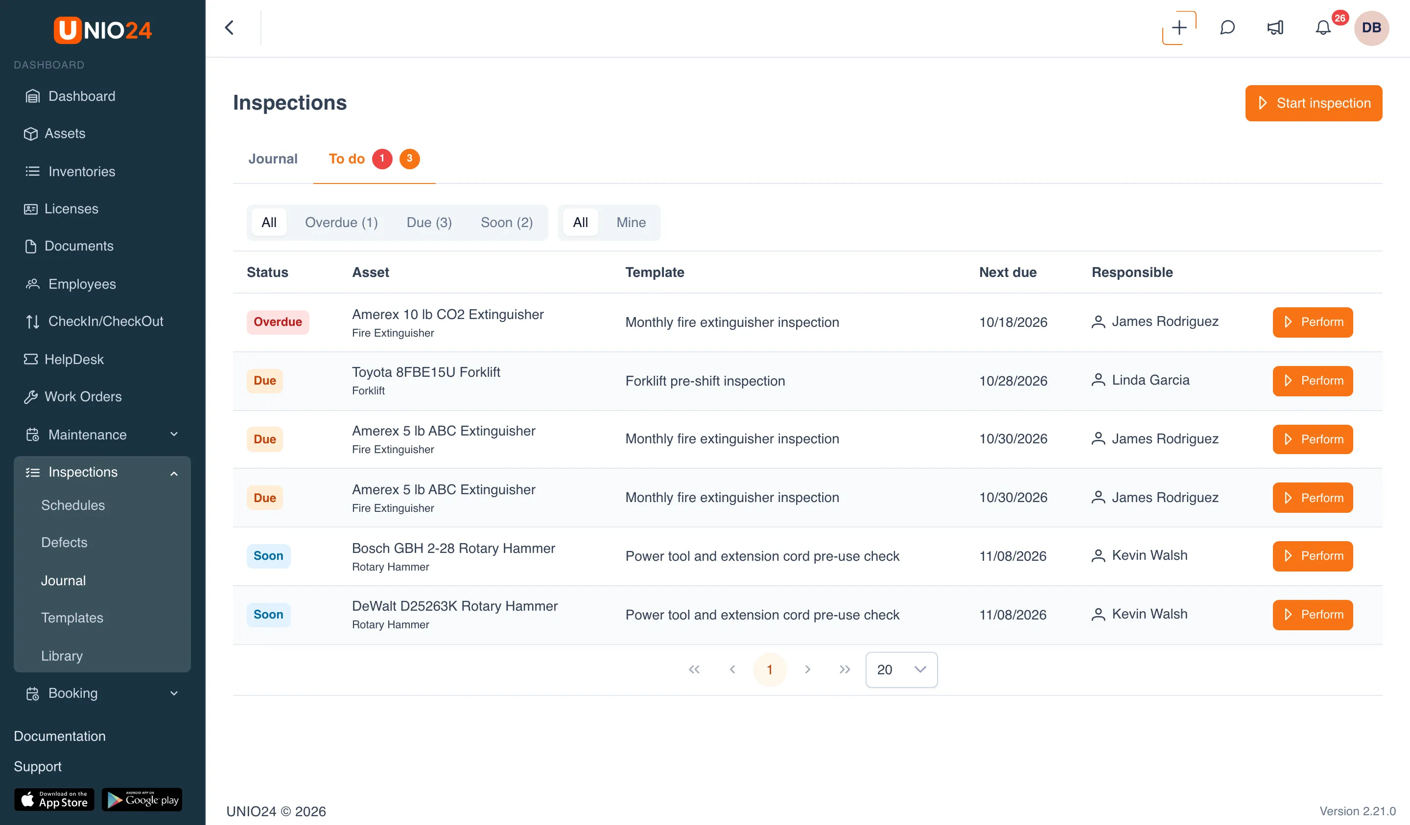 The To do tab: the All / Overdue / Due / Soon and All / Mine switches, and a table with the Status, Asset, Template, Next due, and Responsible columns and a Perform button in every row