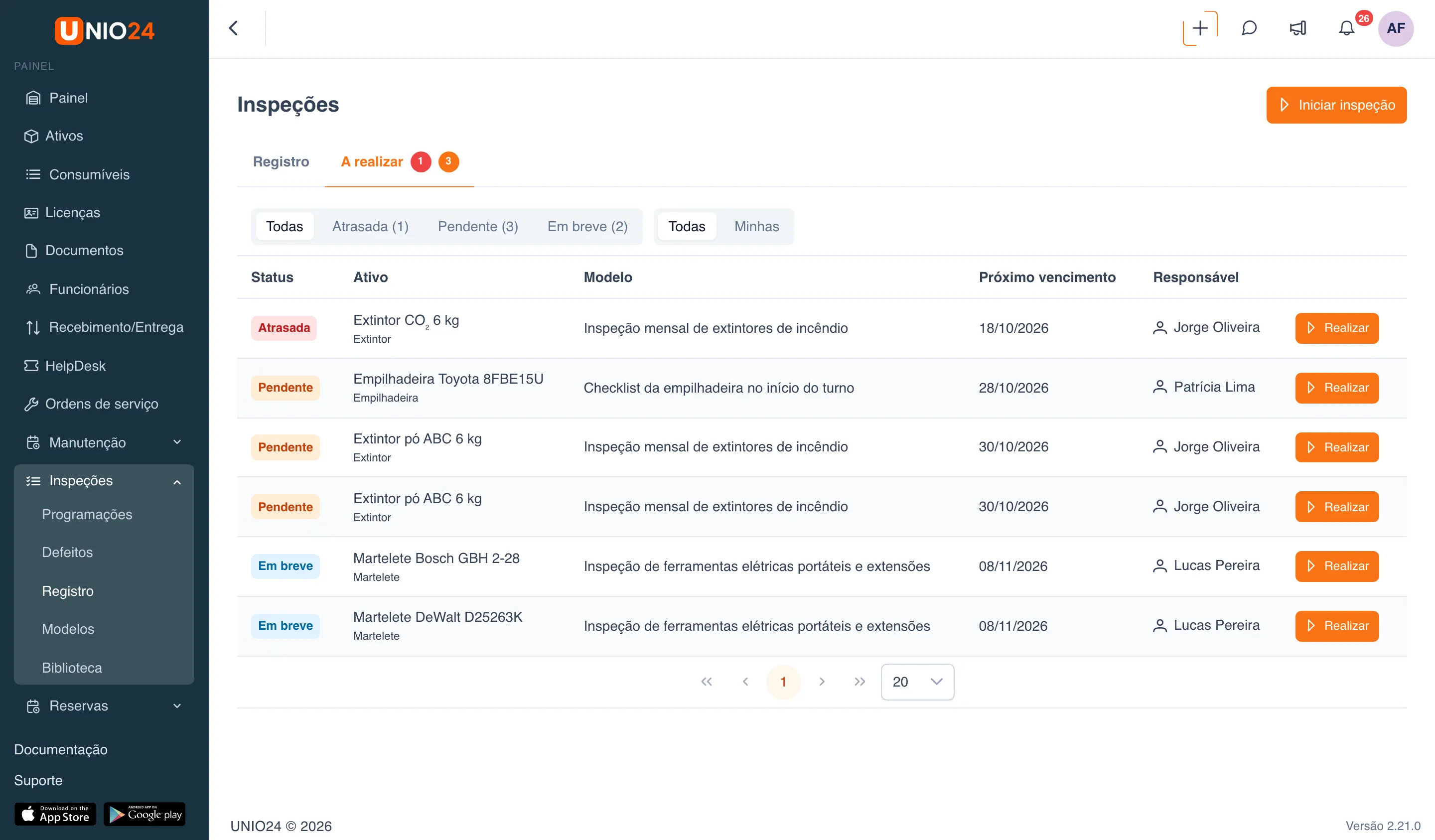 Aba “A realizar”: seletores “Todas / Atrasada / Pendente / Em breve” e “Todas / Minhas”, e tabela com as colunas “Status”, “Ativo”, “Modelo”, “Próximo vencimento” e “Responsável”, com o botão “Realizar” em cada linha