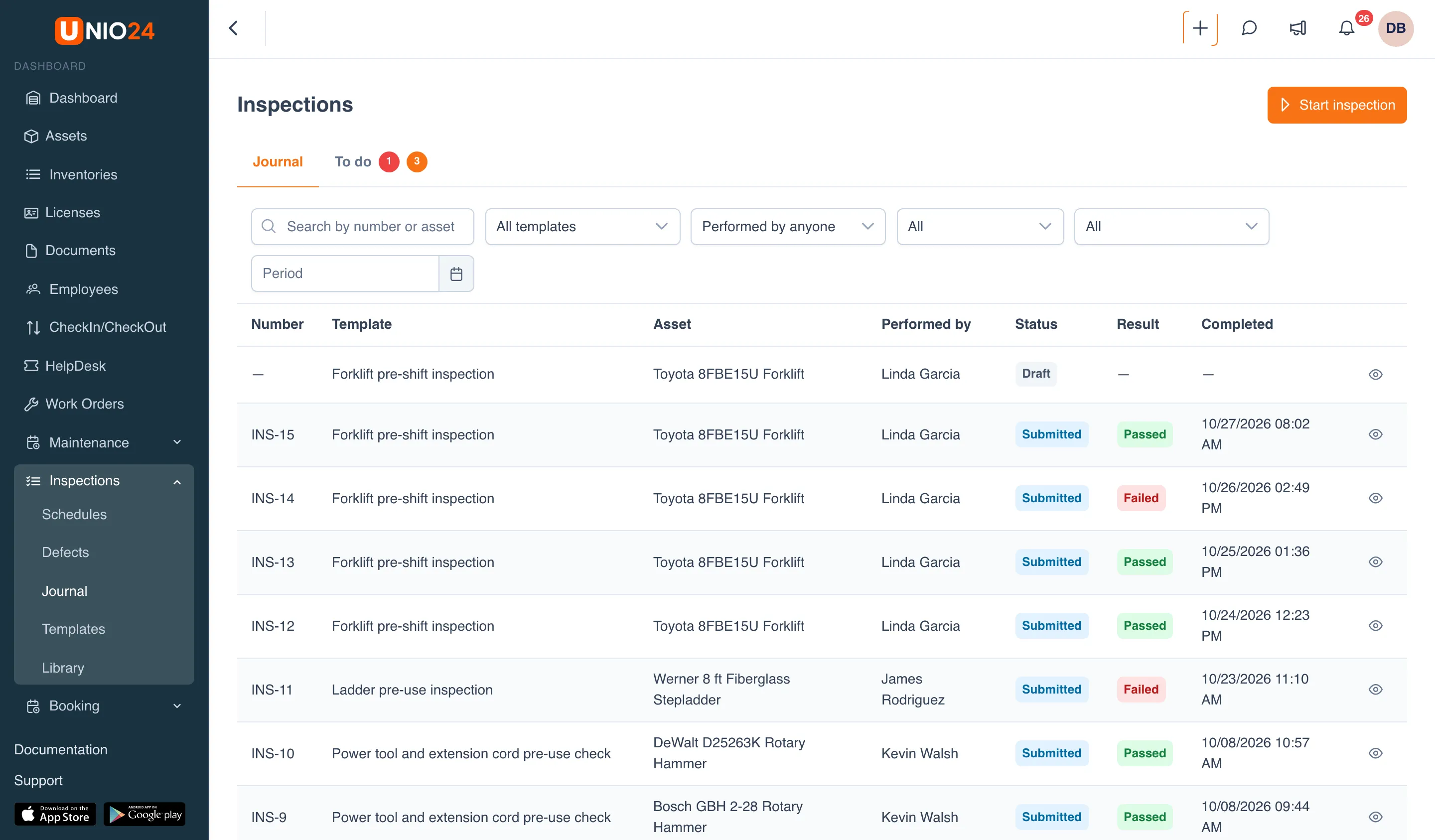The Inspections page on the Journal tab: the Start inspection button in the top right corner, the Journal and To do tabs with counters, filters for template, performer, status, result, and period, and a table of inspections with the Number, Template, Asset, Performed by, Status, Result, and Completed columns