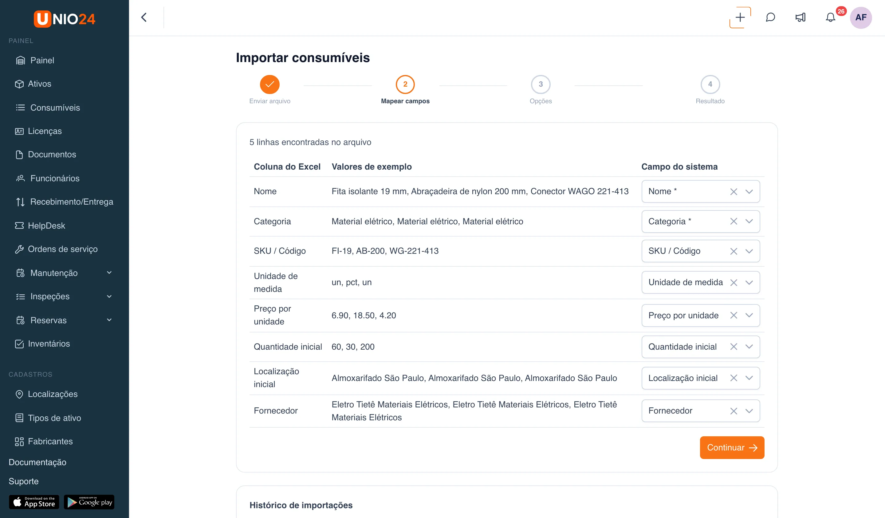 Etapa “Mapear campos” da importação de consumíveis: “5 linhas encontradas no arquivo”, tabela “Coluna do Excel”, “Valores de exemplo”, “Campo do sistema” com os campos “Nome”, “Categoria”, “SKU / Código”, “Unidade de medida”, “Preço por unidade”, “Quantidade inicial”, “Localização inicial” e “Fornecedor” mapeados e o botão “Continuar”