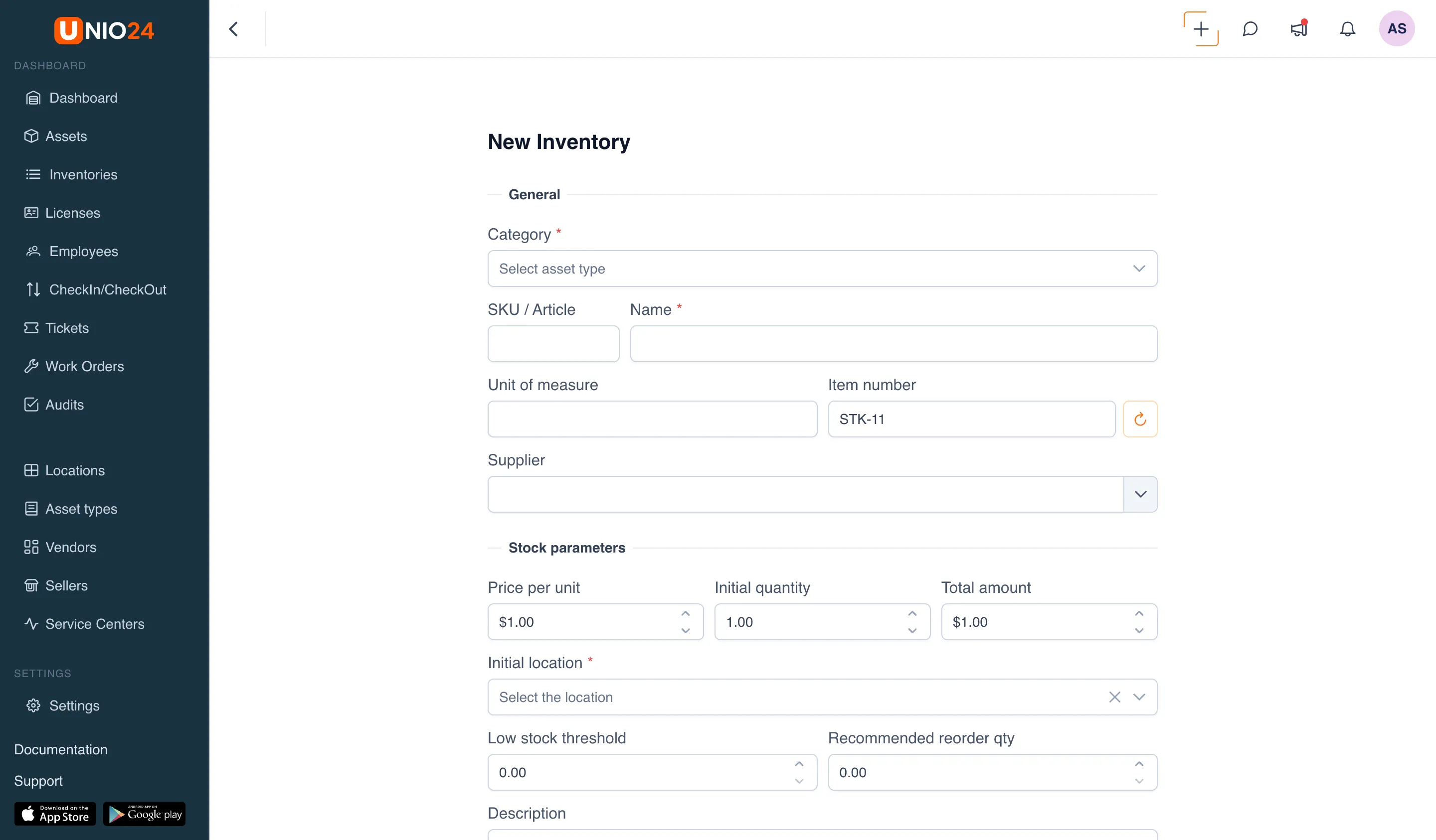 "New Inventory" form with a "General" block (Category, SKU / Article, Name, Unit of measure, Item number) and a "Stock parameters" block (Price per unit / Initial quantity / Sum, Initial location, Low stock threshold)