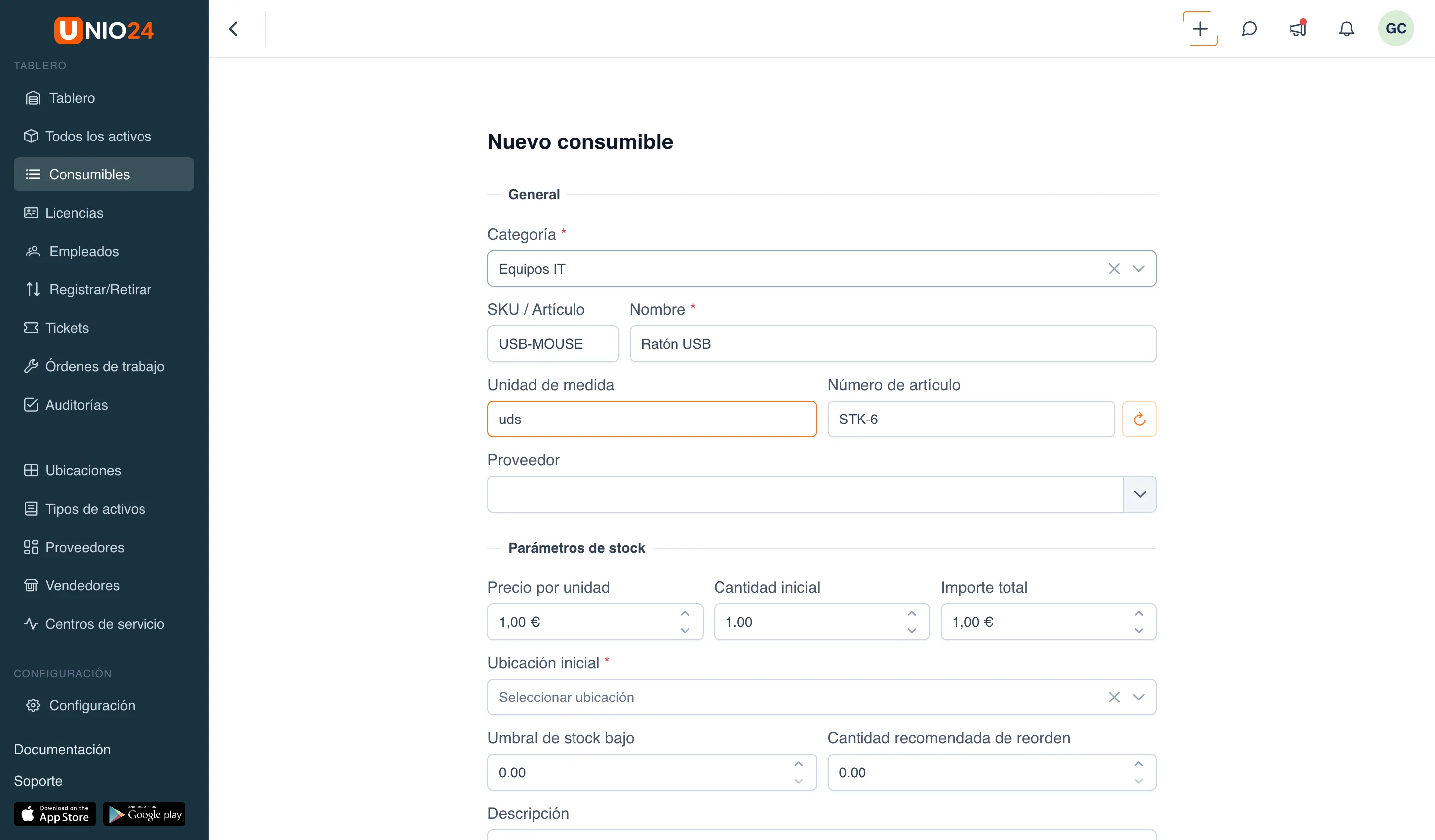 Formulario «Nuevo consumible» con el bloque «General» (Categoría, SKU / Artículo, Nombre, Unidad de medida, Número de artículo) y el bloque «Parámetros de stock» (Precio por unidad / Cantidad inicial / Importe total, Ubicación inicial, Umbral de stock bajo)