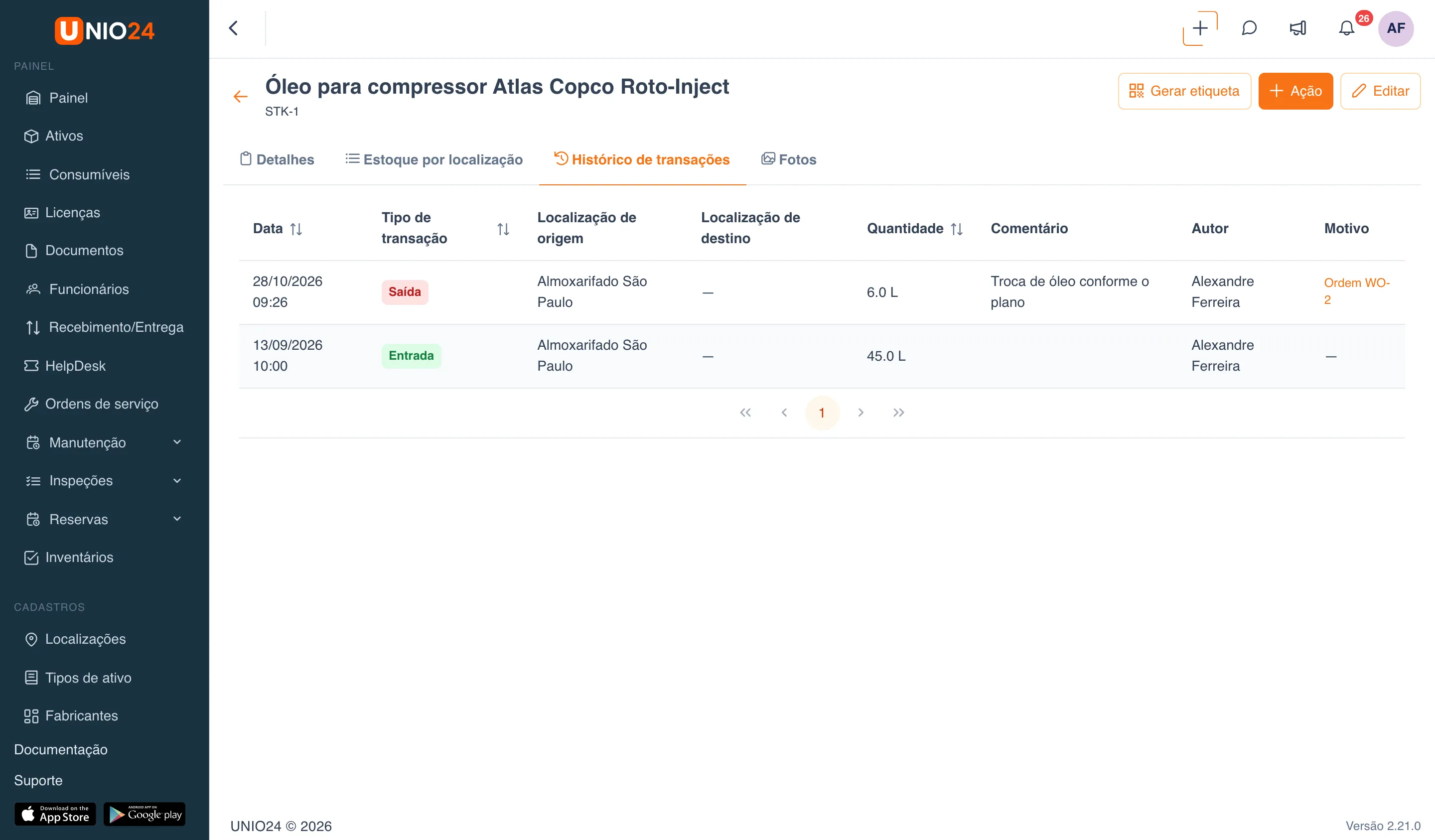Aba “Histórico de transações” do item “Óleo para compressor Atlas Copco Roto-Inject”: linha “Saída” de 6 L com o comentário “Troca de óleo conforme o plano” e o motivo “Ordem WO-2” e linha “Entrada” de 45 L