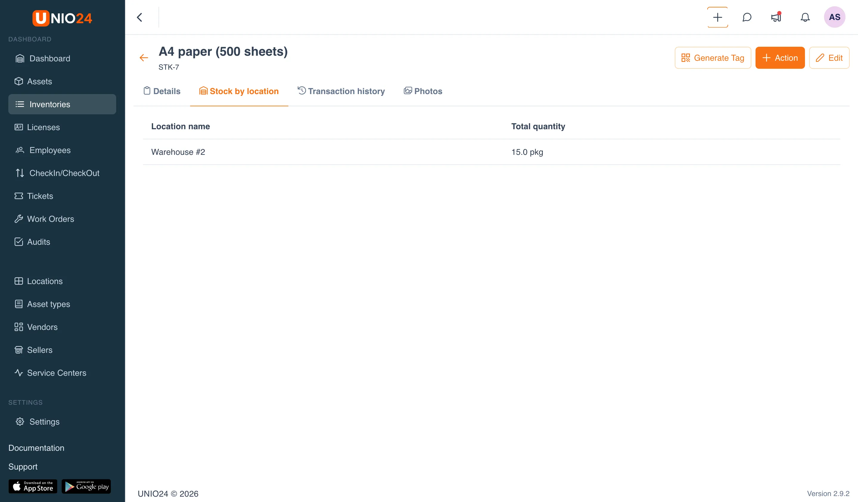 "Stock by location" tab on an item page: a "Location name" / "Total quantity" table with a breakdown by warehouse and a "Low stock" tag in the item header